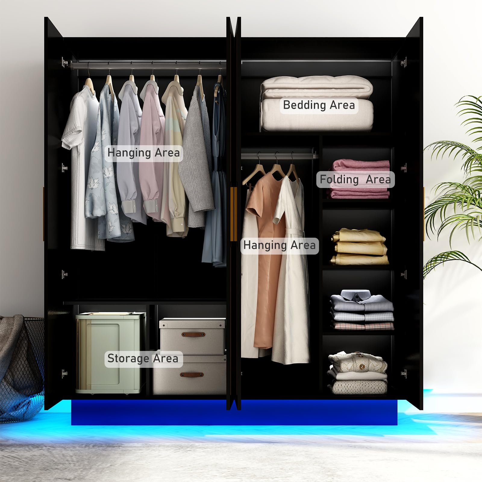 4 Door Wardrobe Armoire with LED Light, 70" Large Wooden Closet Storage with Hanging Rods & Multi-Layer Shelves for Large Bedroom