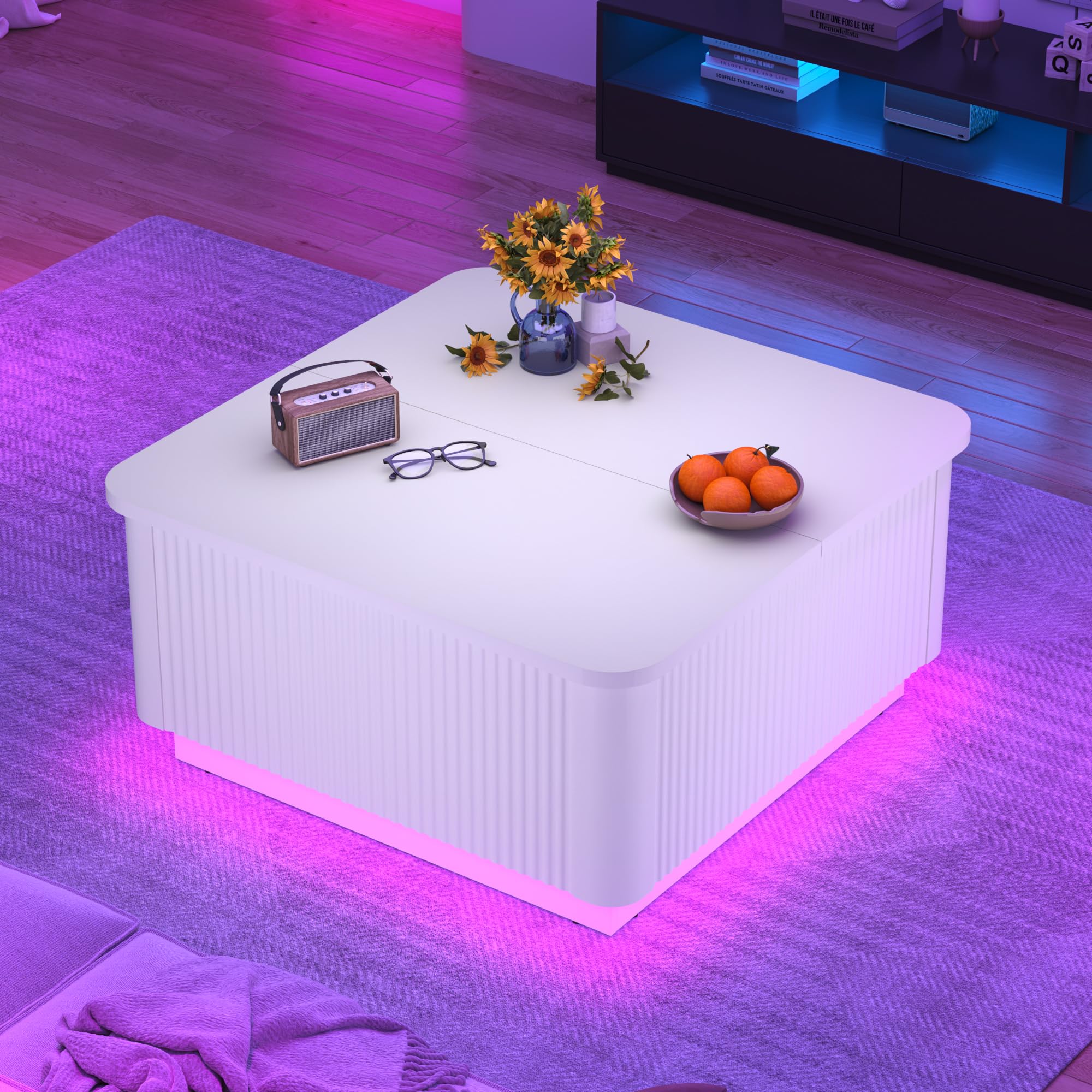 Blotout 35.4" Square Fluted Coffee Table with Lift Top and LED Lights, Wood Curved Design Center Table for Living Room, Modern Multi-Function Coffee Table with Large Hidden Space for Home,Office