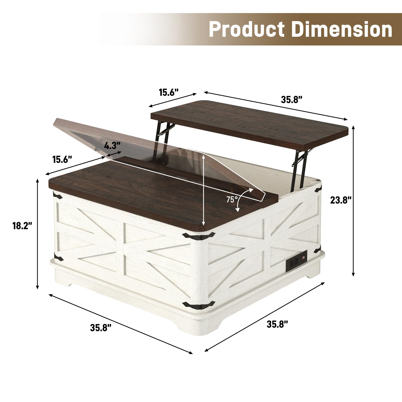 Blotout Farmhouse Lift Top Coffee Table with LED Light and Power Outlets, 36" Square Wood Living Room Storage Tables with Large Hidden Space, Lift Wooden Barn Door Center Table
