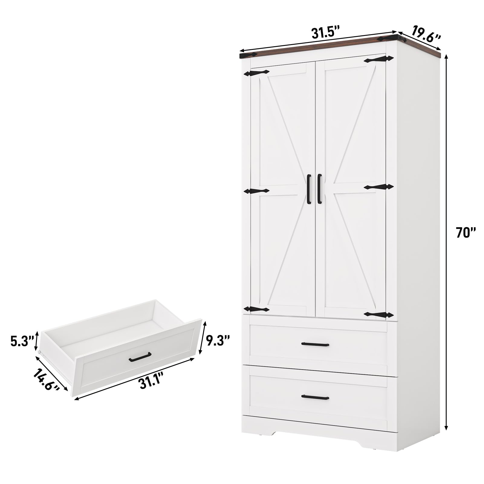 Blotout 2 Door Farmhouse Armoire Wardrobe Closet With 2 Drawers, 70" Tall Wooden Wardrobe Cabinet with Hanging Rod and Adjustable Shelves for Bedroom, White