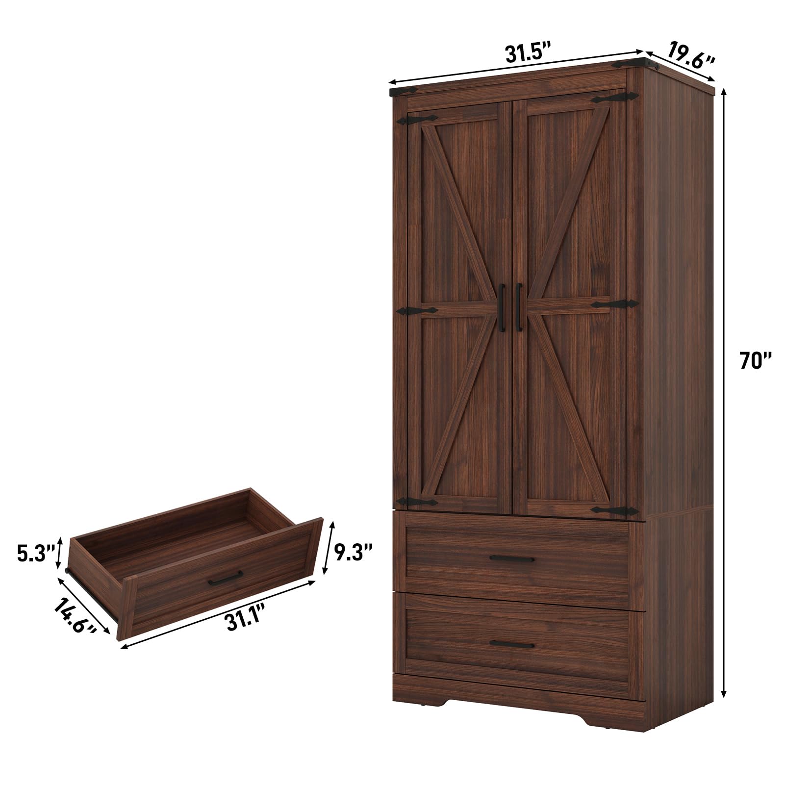 Blotout 2 Door Farmhouse Armoire Wardrobe Closet With 2 Drawers, 70" Tall Wooden Wardrobe Cabinet with Hanging Rod and Adjustable Shelves for Bedroom, White