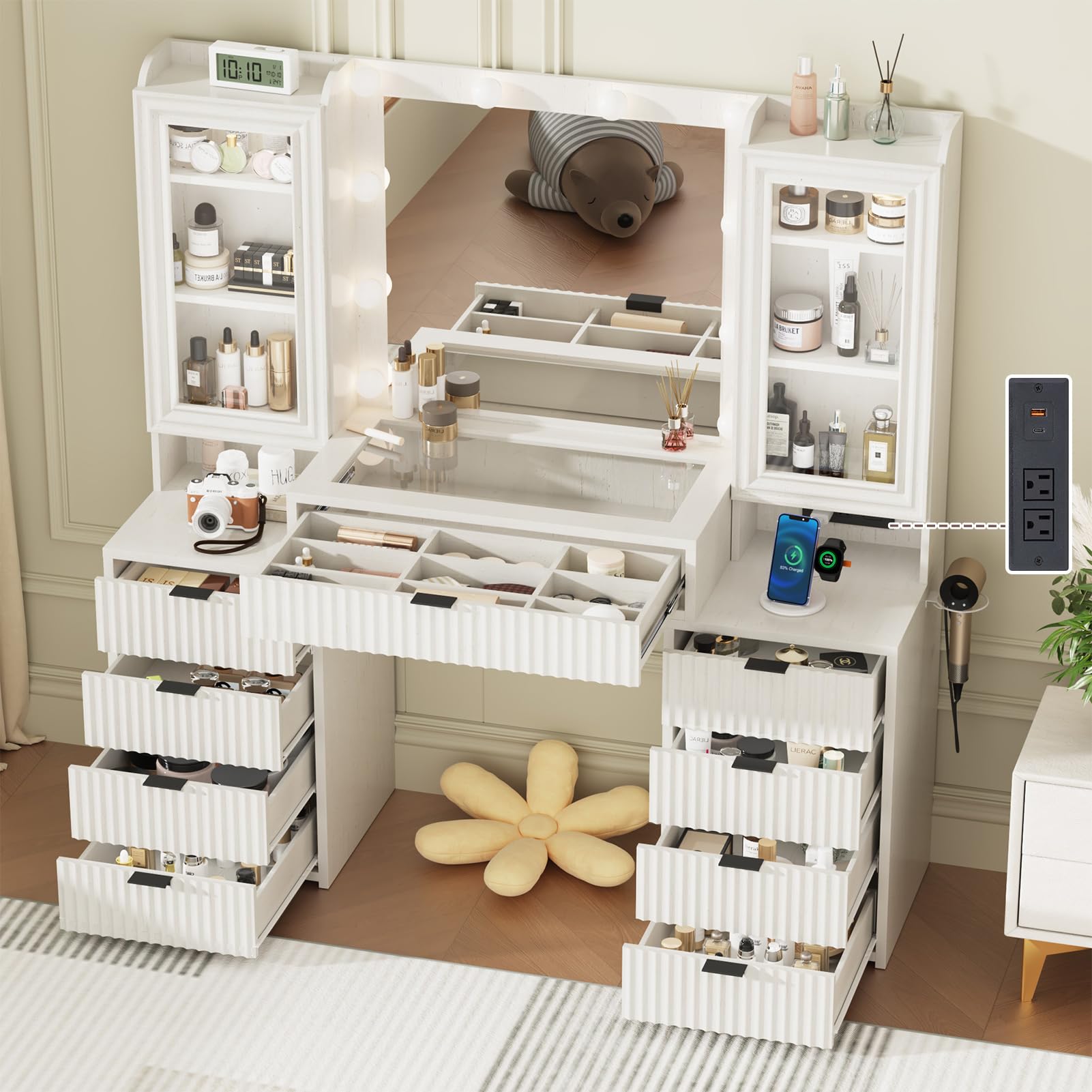 55" Large Vanity Desk with Mirror & Lights, Glass Top Vanity Desk with Charging Station & Compartment Storage Drawers, Fluted Makeup Vanity Table with 9 Drawers/6 Shelves/2 Glass Cabinets, Oak