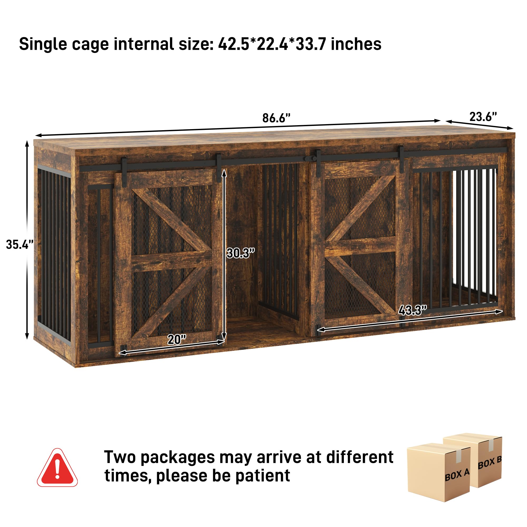Blotout 87" Large Farmhouse Dog Crate TV Stand, Wooden Dog Crate Furniture with with Divider Panel/Sliding Metal Mesh Barn Door, XL-XXL Heavty Duty Dog Crates Furniture for 2 Medium or Large Dogs
