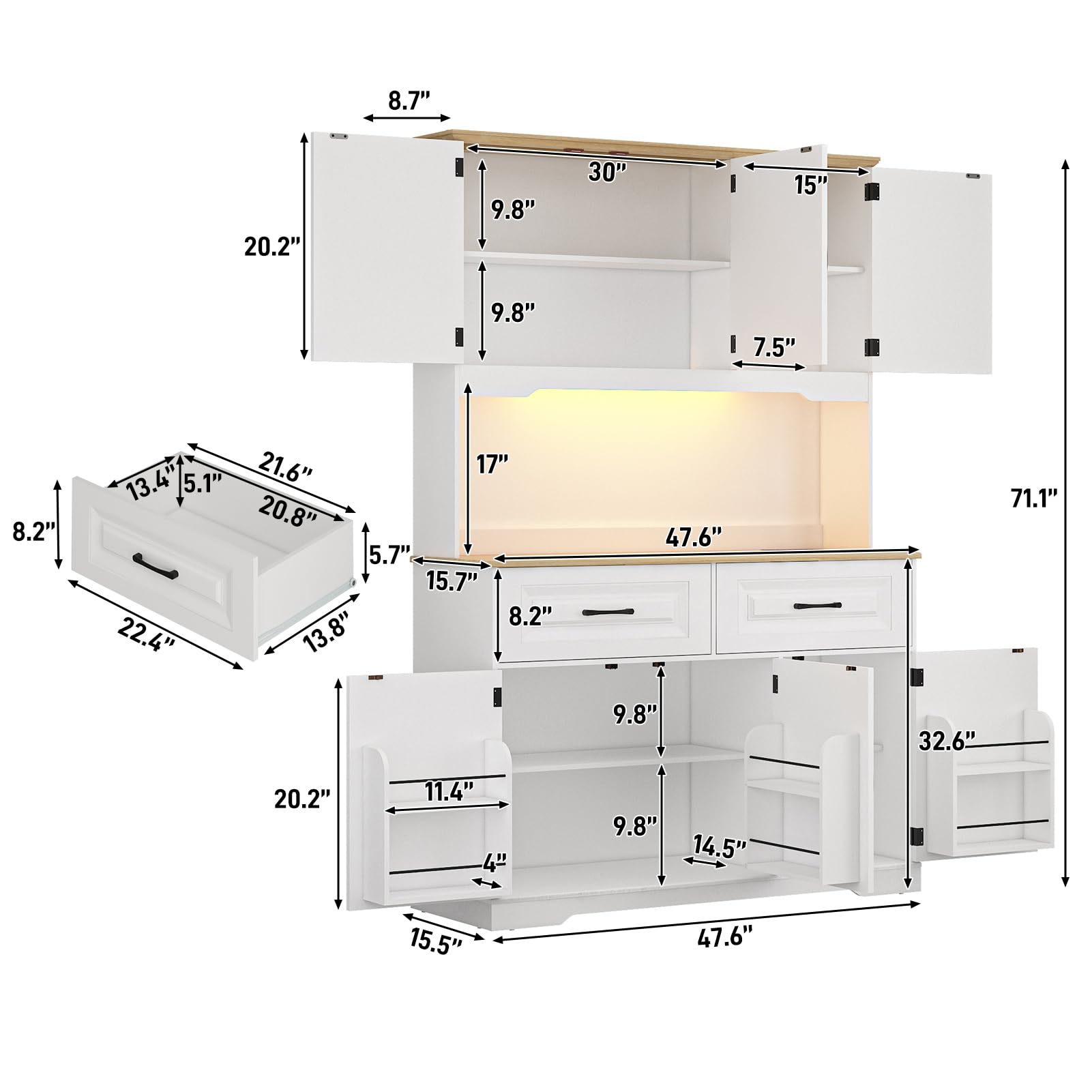 71" Tall Kitchen Pantry Cabinet with 6 Doors Shelves & Led Lights & Charge Station, 47" Wide Freestanding Farmhouse Cupboard with 2 Drawer,6 Doors Storage,Adjustable Shelves,Open Countertop, Black