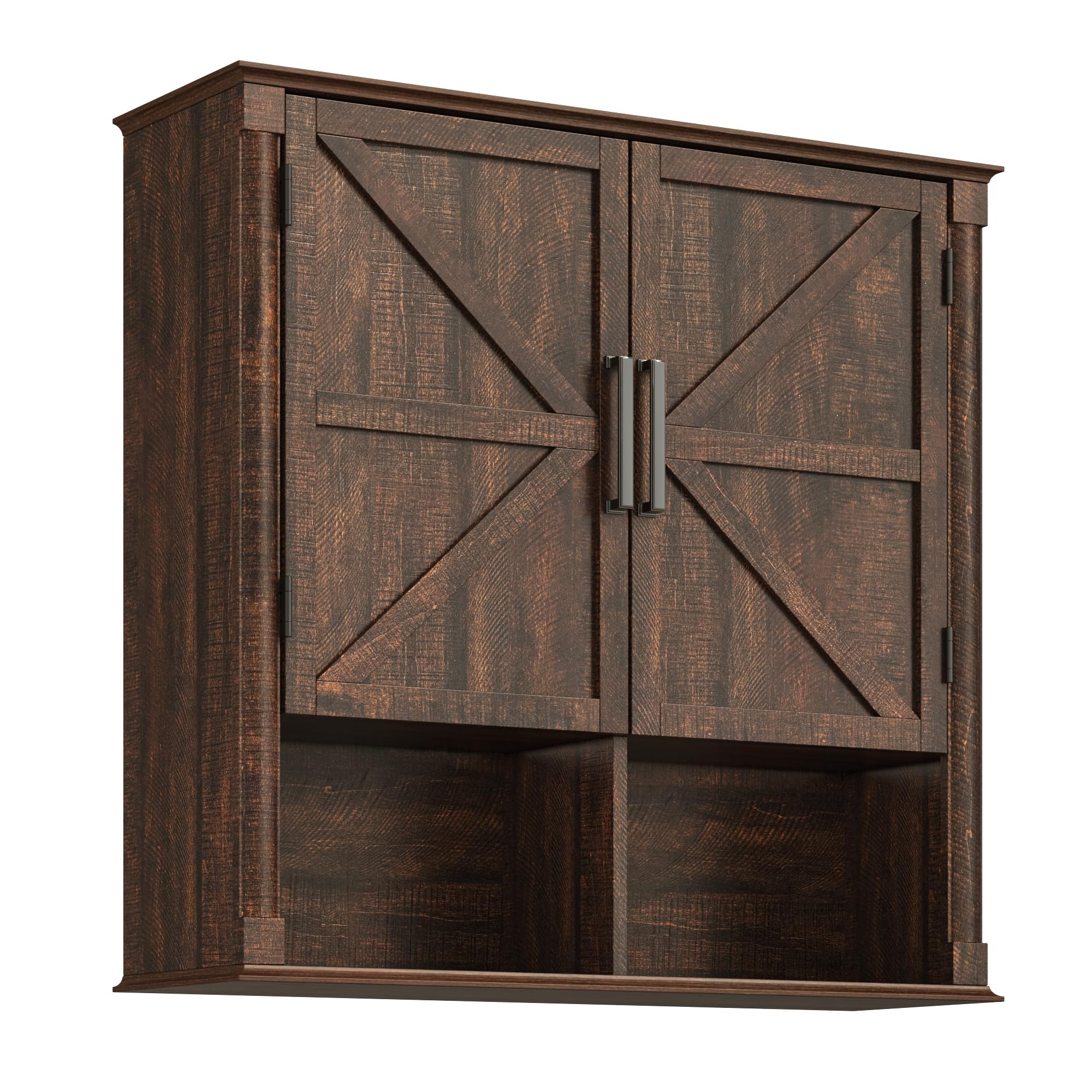 Farmhouse Wall Medicine Cabinets with 2 Barn Doors, Wood Bathroom Storage Cabinet with Roman Column Decor,Farmhouse Double Storage Cabinets with Adjustable Shelf & Door Cabinets, Rustic White