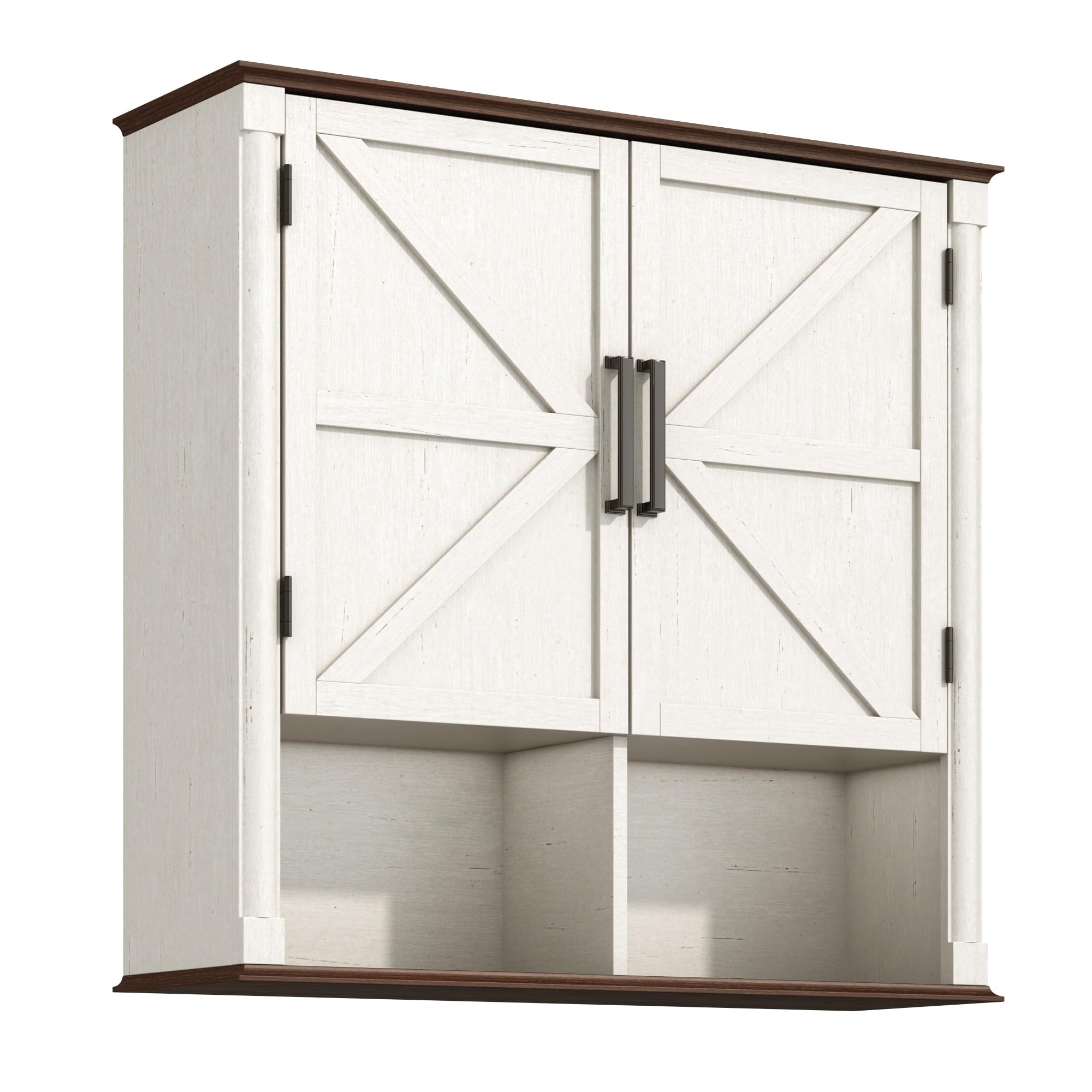 Farmhouse Wall Medicine Cabinets with 2 Barn Doors, Wood Bathroom Storage Cabinet with Roman Column Decor,Farmhouse Double Storage Cabinets with Adjustable Shelf & Door Cabinets, Rustic White