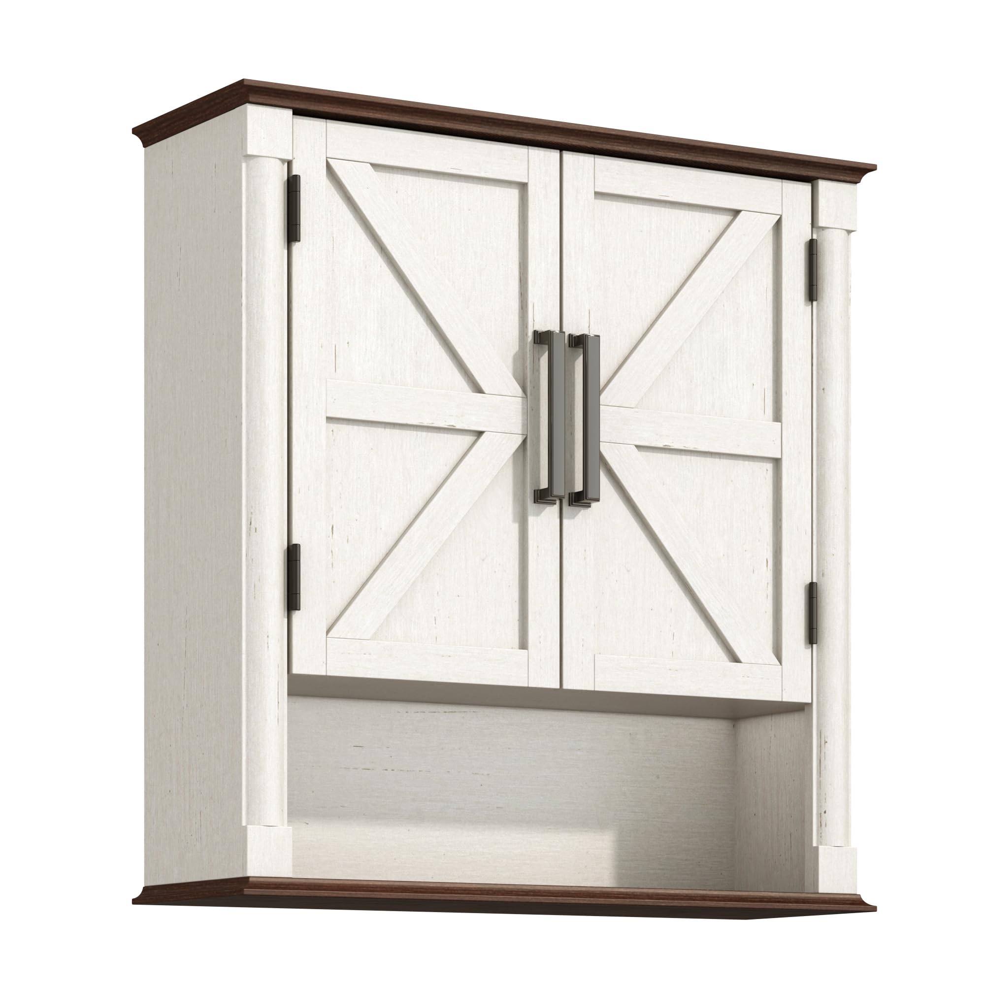 Farmhouse Wall Medicine Cabinets with 2 Barn Doors, Wood Bathroom Storage Cabinet with Roman Column Decor,Farmhouse Double Storage Cabinets with Adjustable Shelf & Door Cabinets, Rustic White