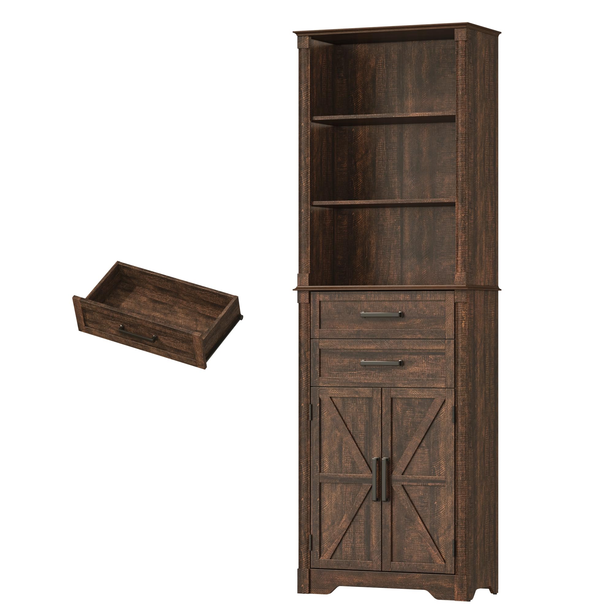 Farmhouse Wall Medicine Cabinets with 2 Barn Doors, Wood Bathroom Storage Cabinet with Roman Column Decor,Farmhouse Double Storage Cabinets with Adjustable Shelf & Door Cabinets, Rustic White