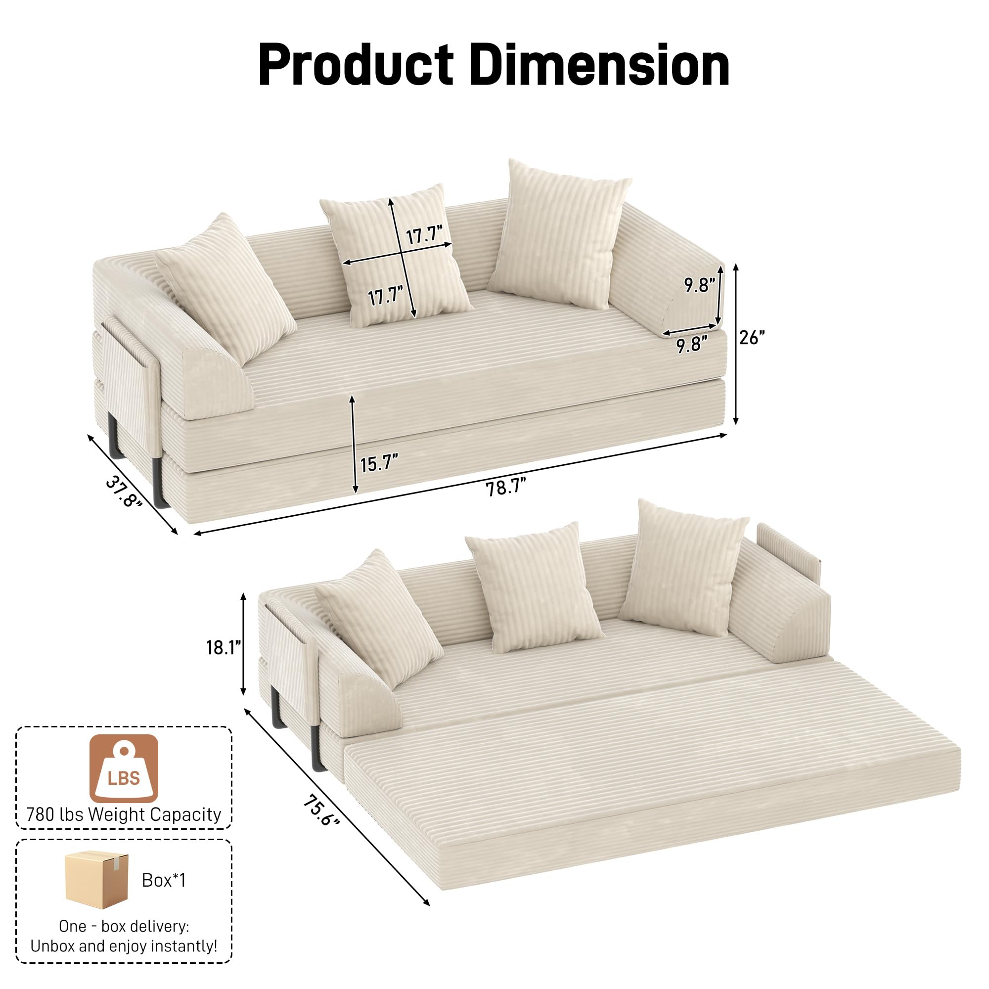 Blotout 5-in-1 Folding Convertible Sofa Bed with 3 Pillows, 79" Large Corduroy Boneless Couch with Armrest Pockets, Lounge Loveseat Sleeper with Pull Out Bed for Living Room Bedroom, Beige
