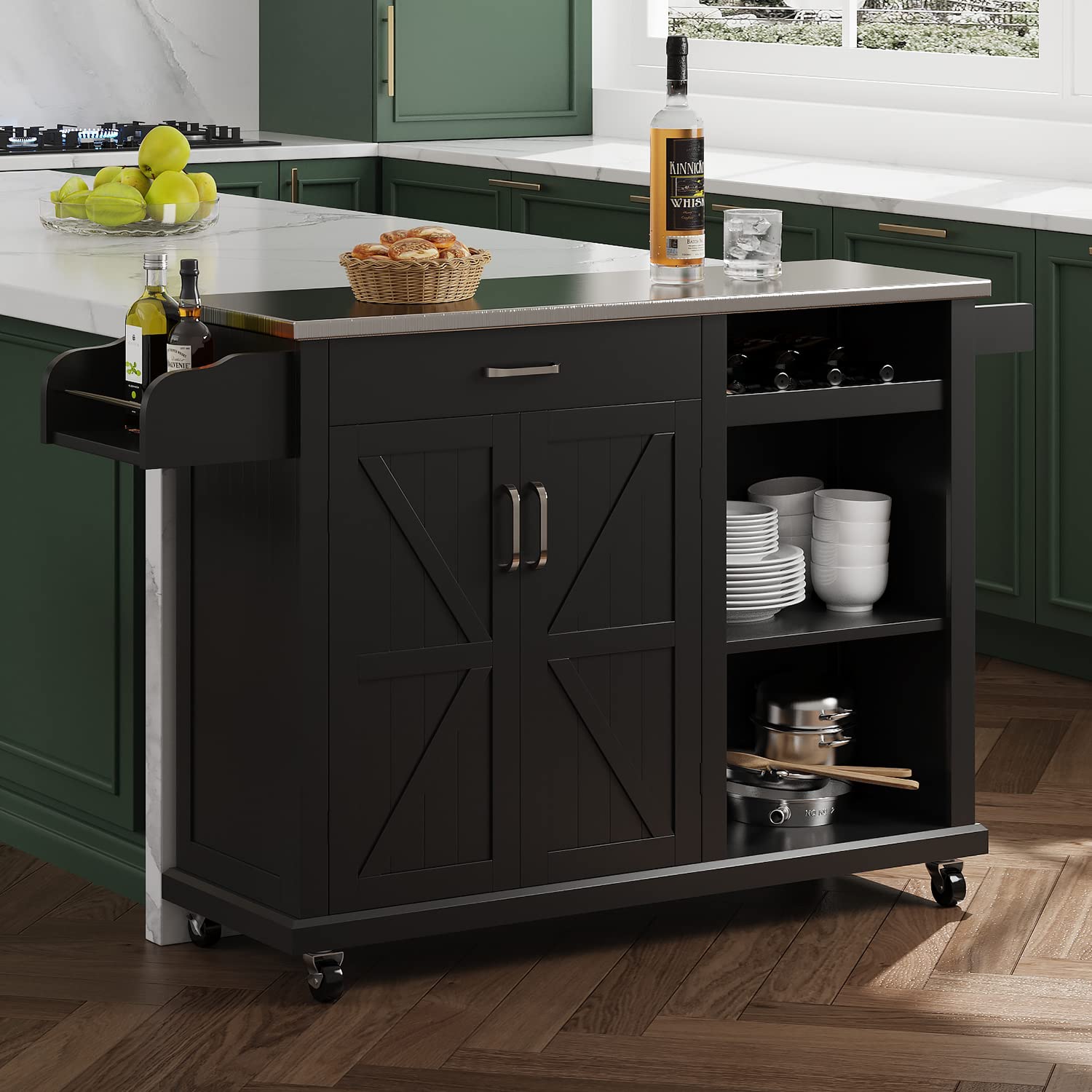 Kitchen Cart with Stainless Steel Top and Wine Rack, Rolling Kitchen Island on Wheels with Drawer & Open Shelves & Spice Rack