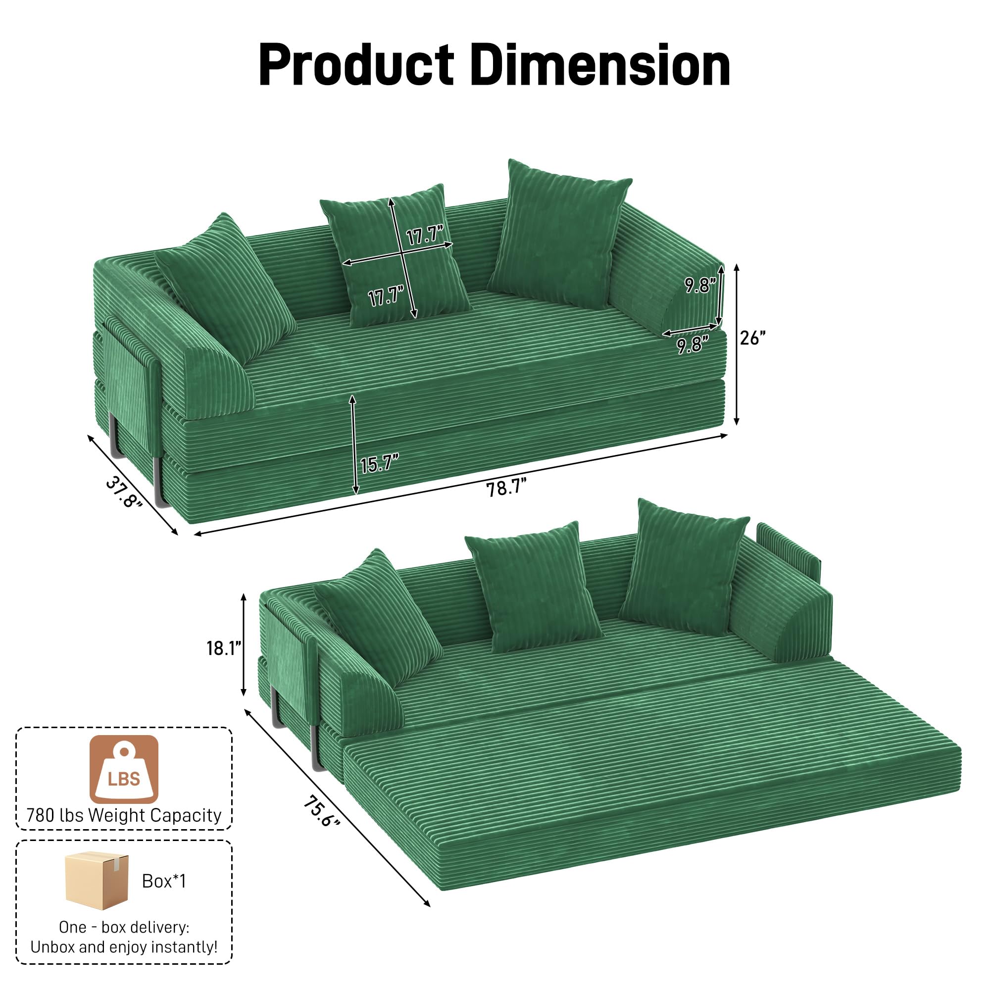 Blotout 5-in-1 Folding Convertible Sofa Bed with 3 Pillows, 79" Large Corduroy Boneless Couch with Armrest Pockets, Lounge Loveseat Sleeper with Pull Out Bed for Living Room Bedroom, Beige