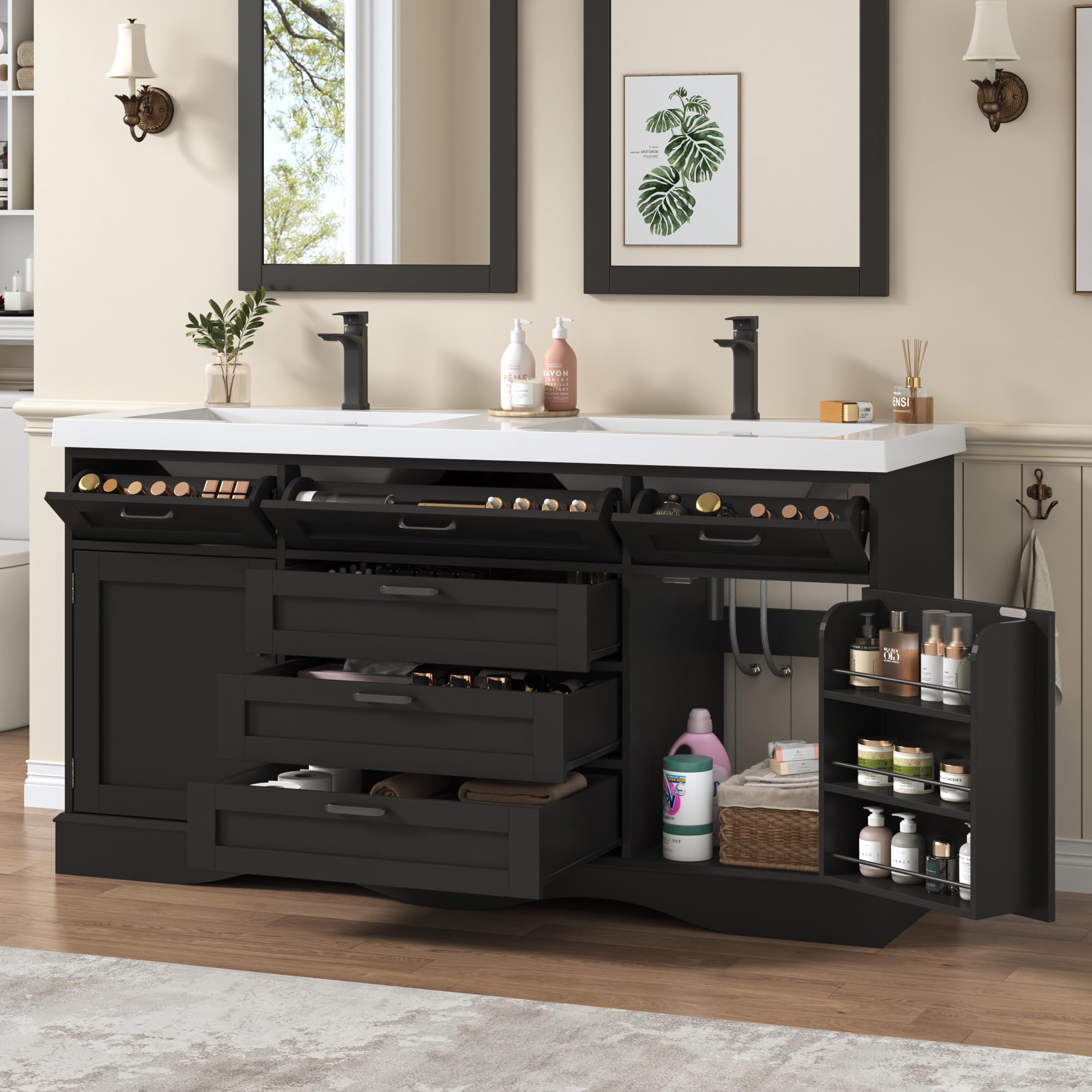  59" Modern Double Bathroom Vanity with Sink Combo, Bathroom Storage Cabinet with 2 Storage Doors and 6 Drawers