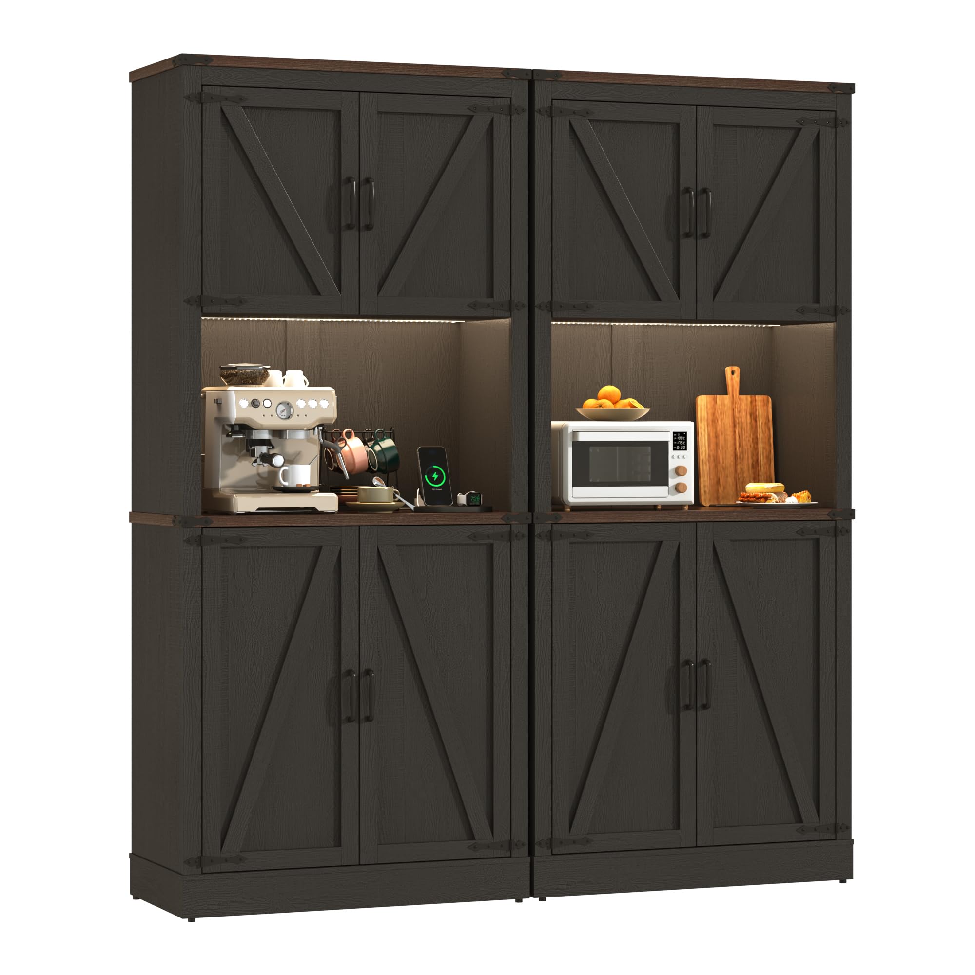 72" Tall Farmhouse Kitchen Pantry Cabinet with 10 Side Shelves and LED Light & Power Outlet, 5 Layers Pantry Storage Cabinet with Barn Doors&Load-Bearing Steel Pipe for Dining Room,Living Room