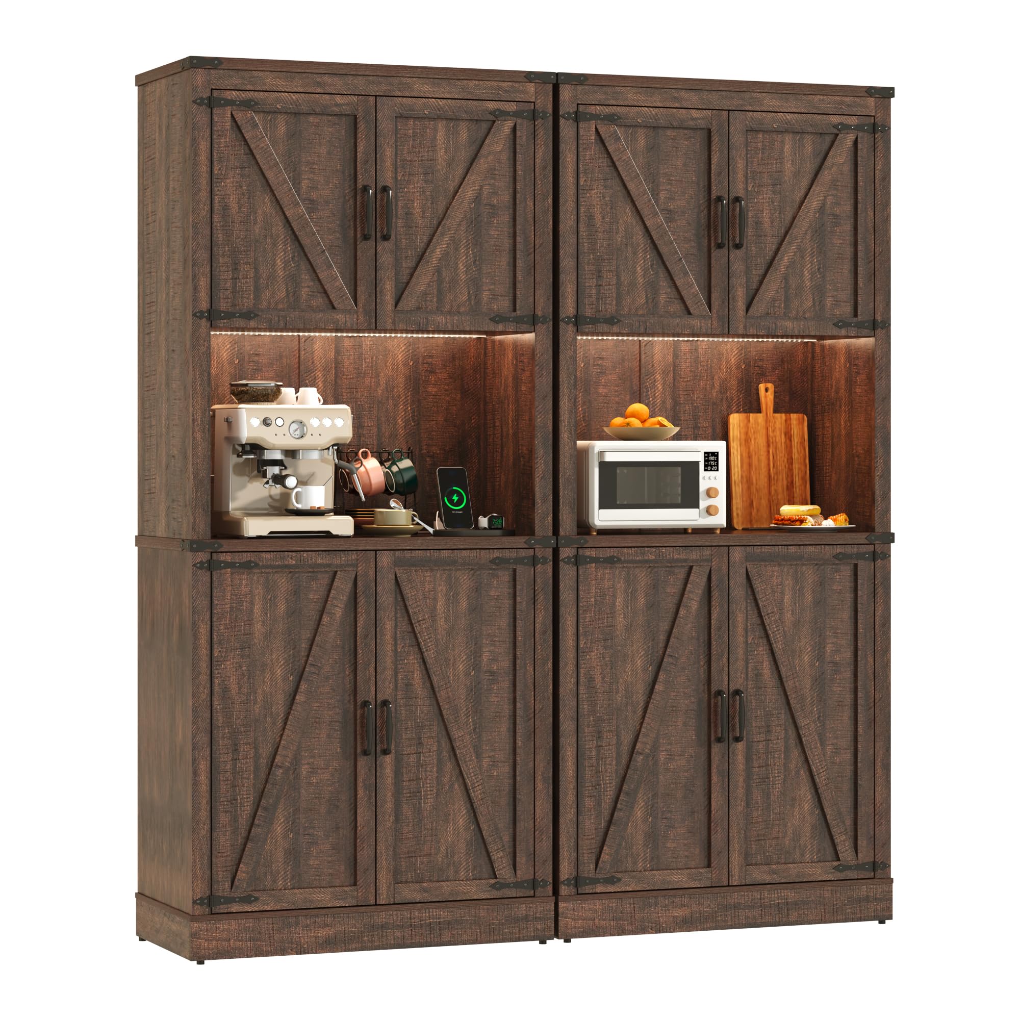 72" Tall Farmhouse Kitchen Pantry Cabinet with 10 Side Shelves and LED Light & Power Outlet, 5 Layers Pantry Storage Cabinet with Barn Doors&Load-Bearing Steel Pipe for Dining Room,Living Room