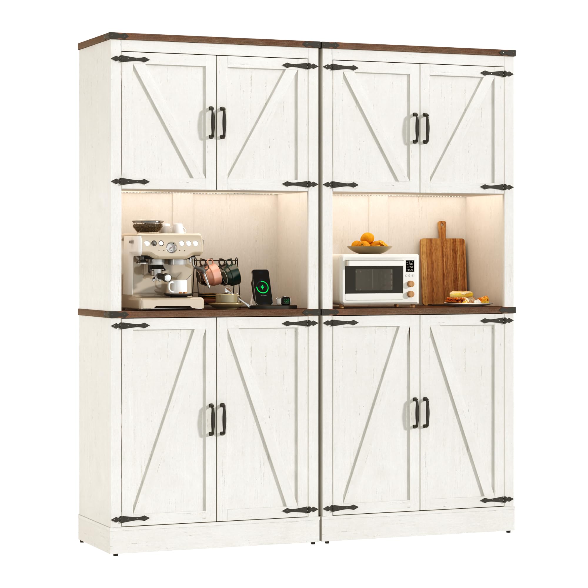 72" Tall Farmhouse Kitchen Pantry Cabinet with 10 Side Shelves and LED Light & Power Outlet, 5 Layers Pantry Storage Cabinet with Barn Doors&Load-Bearing Steel Pipe for Dining Room,Living Room