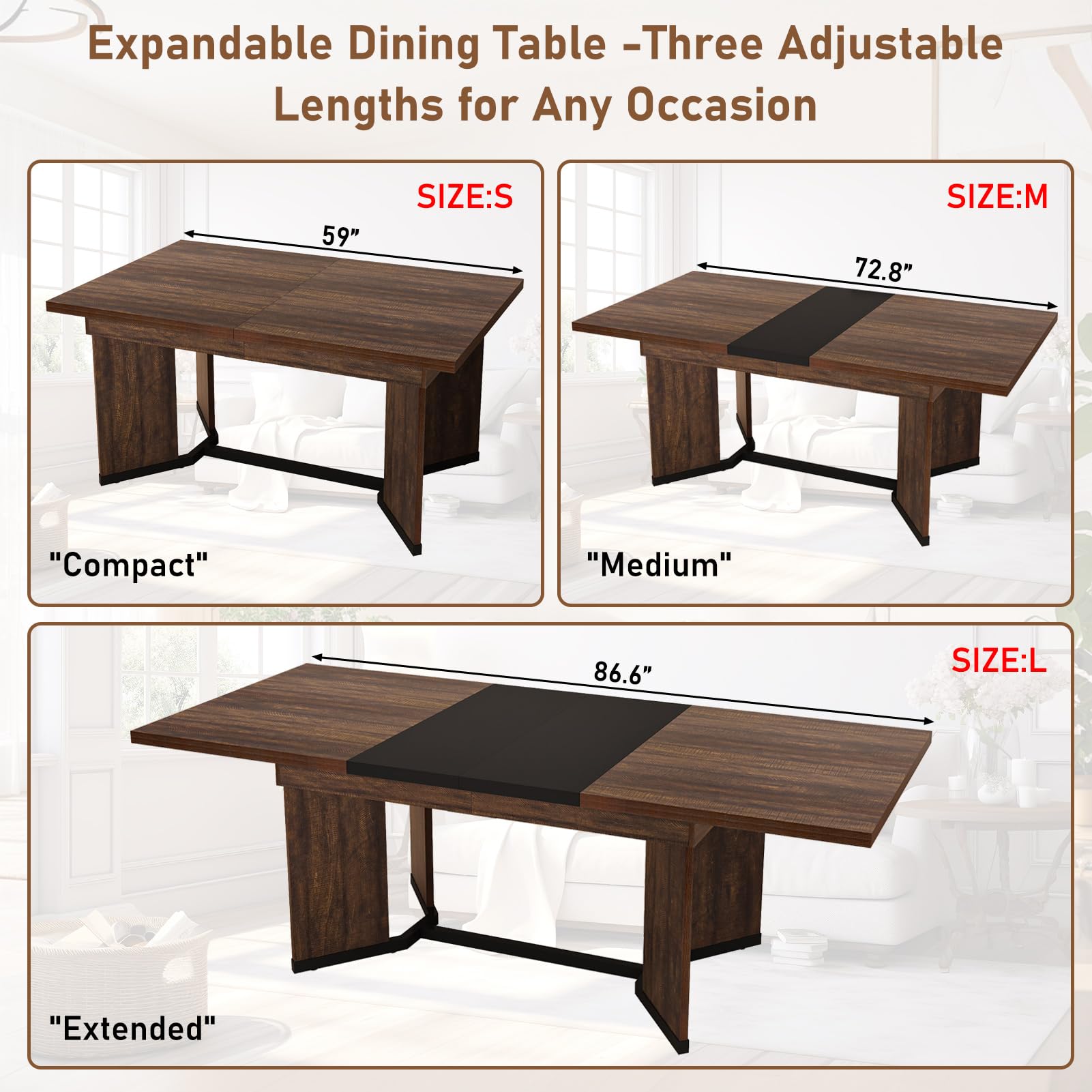 Blotout 59'' to 86.6" Extendable Dining Table Set with 6PCS Chairs, Modern Farmhouse Wooden Kitchen Table for 6-10 People, Rectangle Expandable Dining Room Table, Large Expanding Table