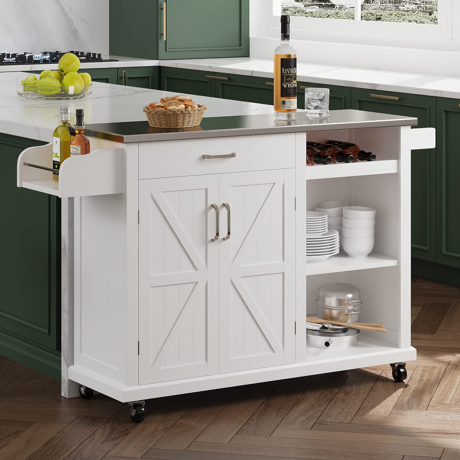 Kitchen Cart with Stainless Steel Top and Wine Rack, Rolling Kitchen Island on Wheels with Drawer & Open Shelves & Spice Rack