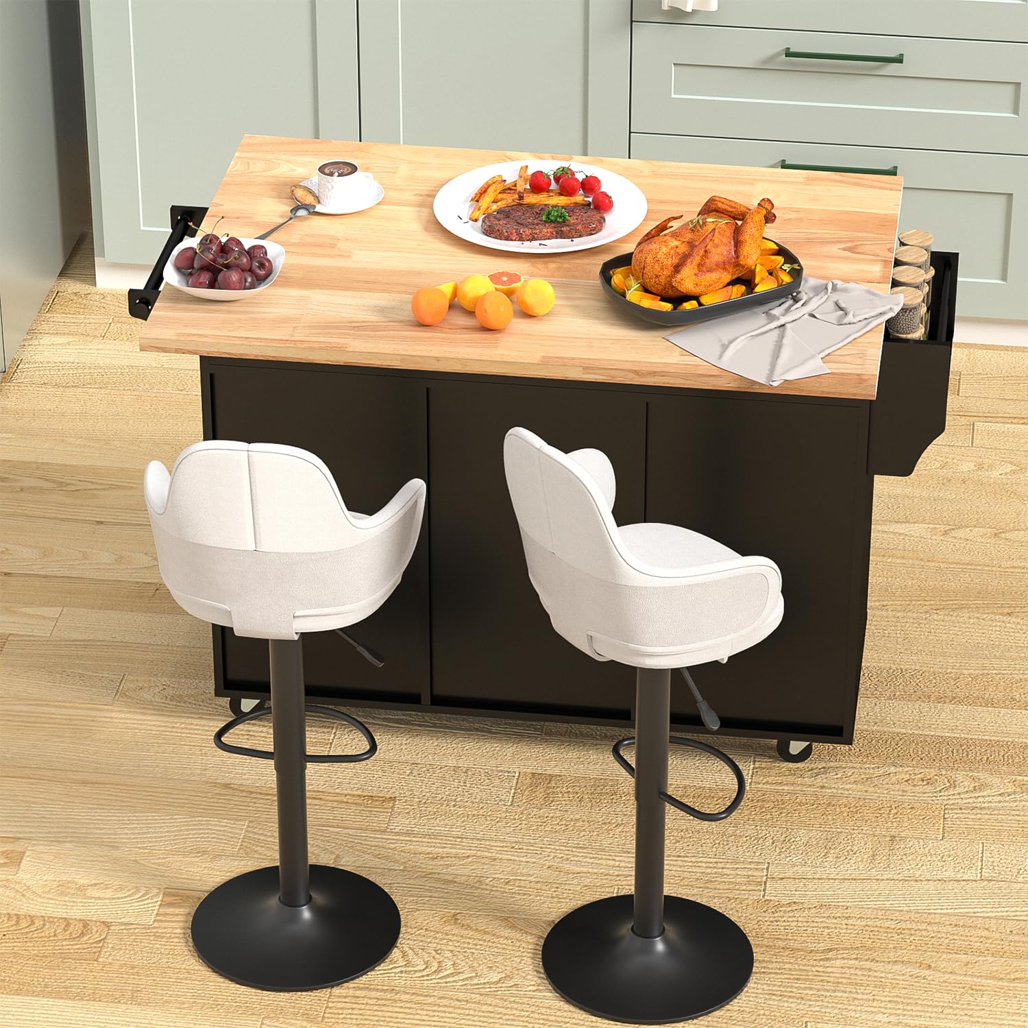 Rolling Kitchen Island Cart with Drop-Leaf and Wine Rack, Ktichen Serving Cart on Wheels w/ Cabinet Drawer & Shelves & Spice Rack & Towel Bar