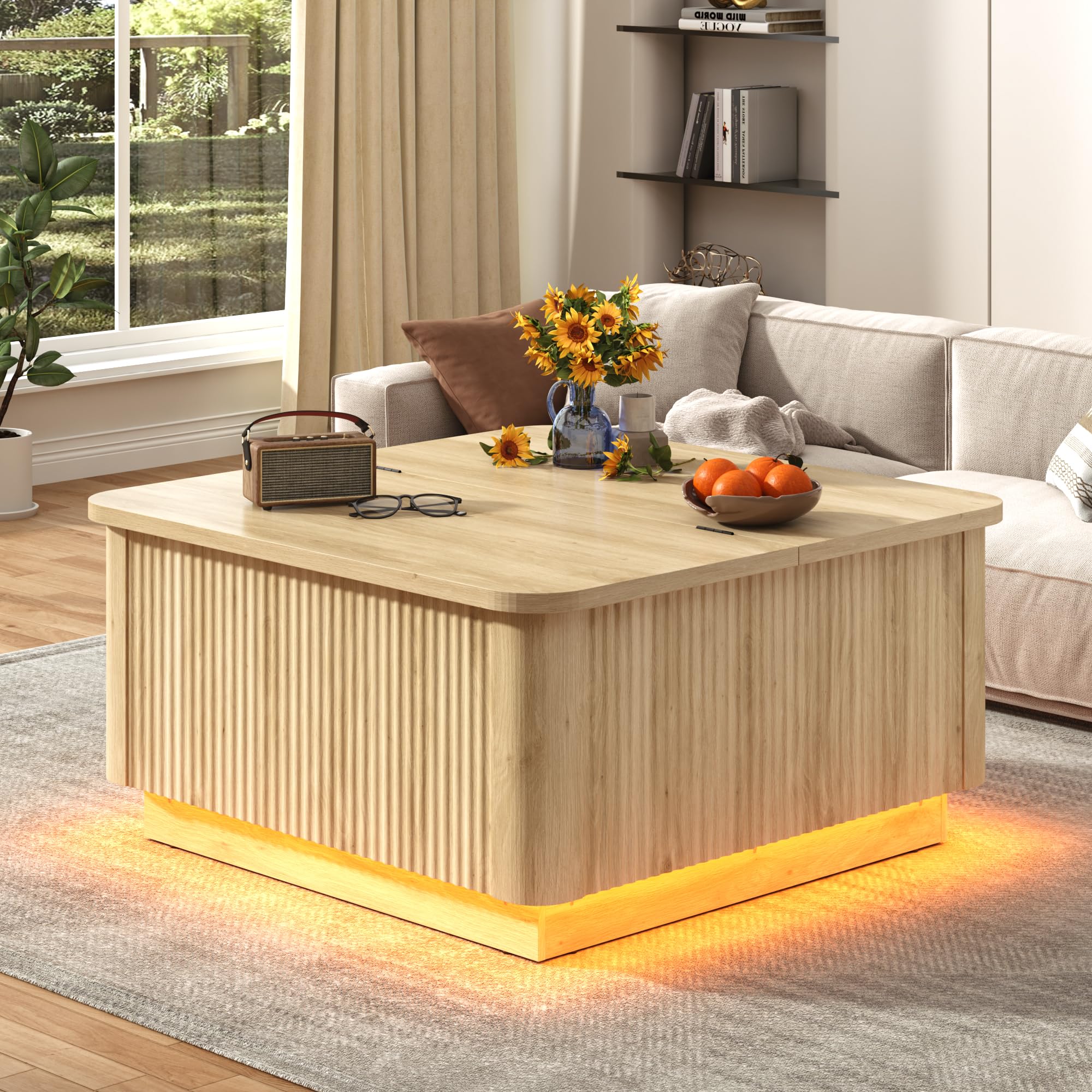 Blotout 35.4" Square Fluted Coffee Table with Lift Top and LED Lights, Wood Curved Design Center Table for Living Room, Modern Multi-Function Coffee Table with Large Hidden Space for Home,Office