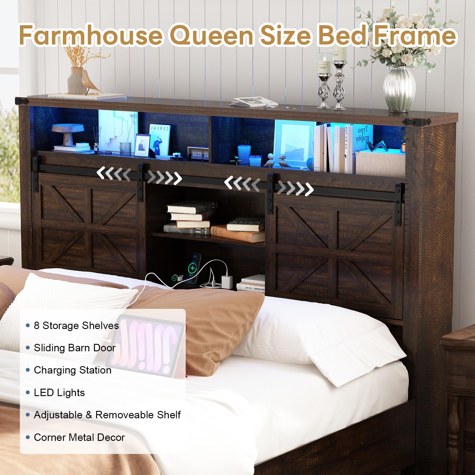 Farmhouse Queen Size Bed Frame with LED Light & Charging Station, Sliding Barn Door Storage Headboard
