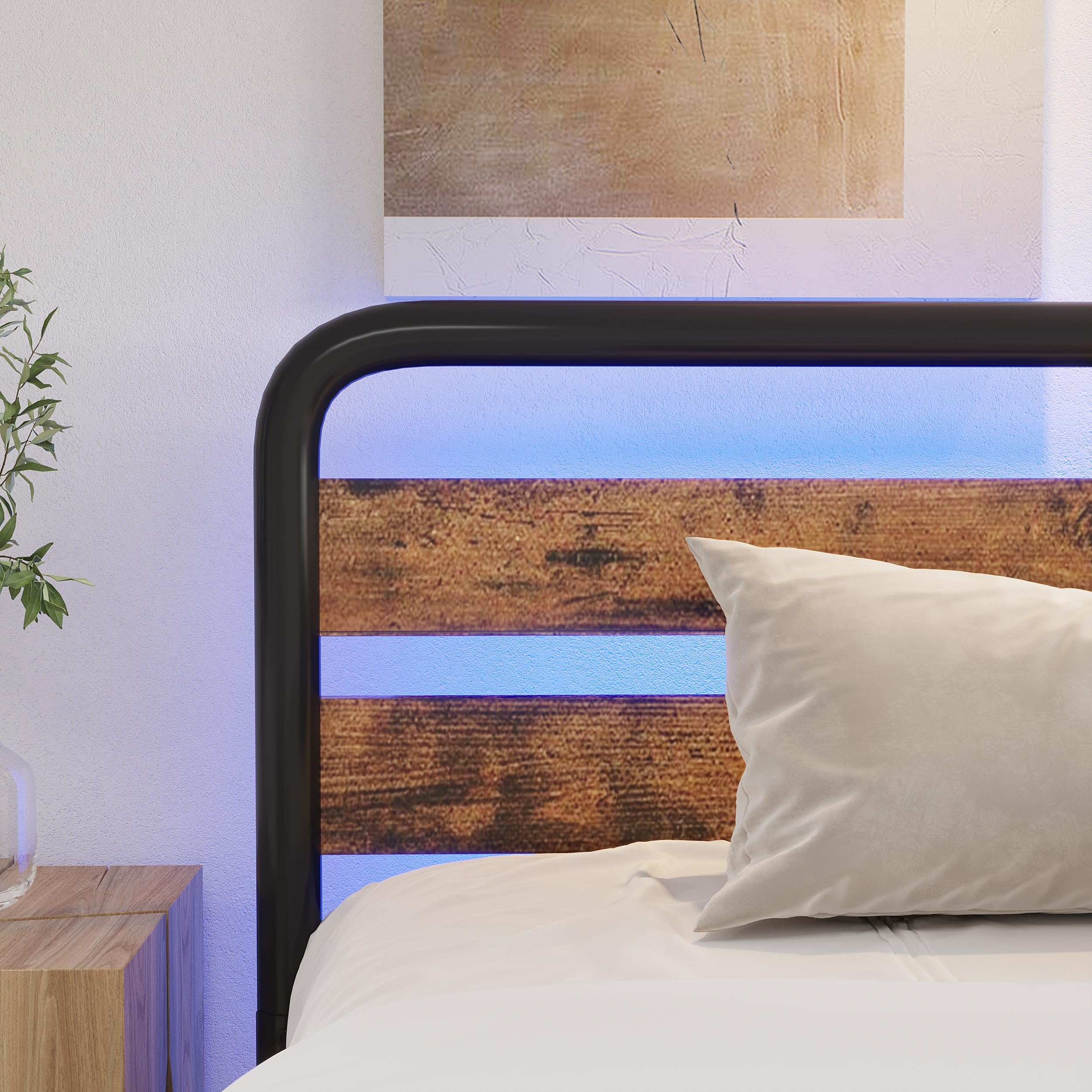 Heavy Duty Metal Bed Frame with Wood Headboard & Footboard