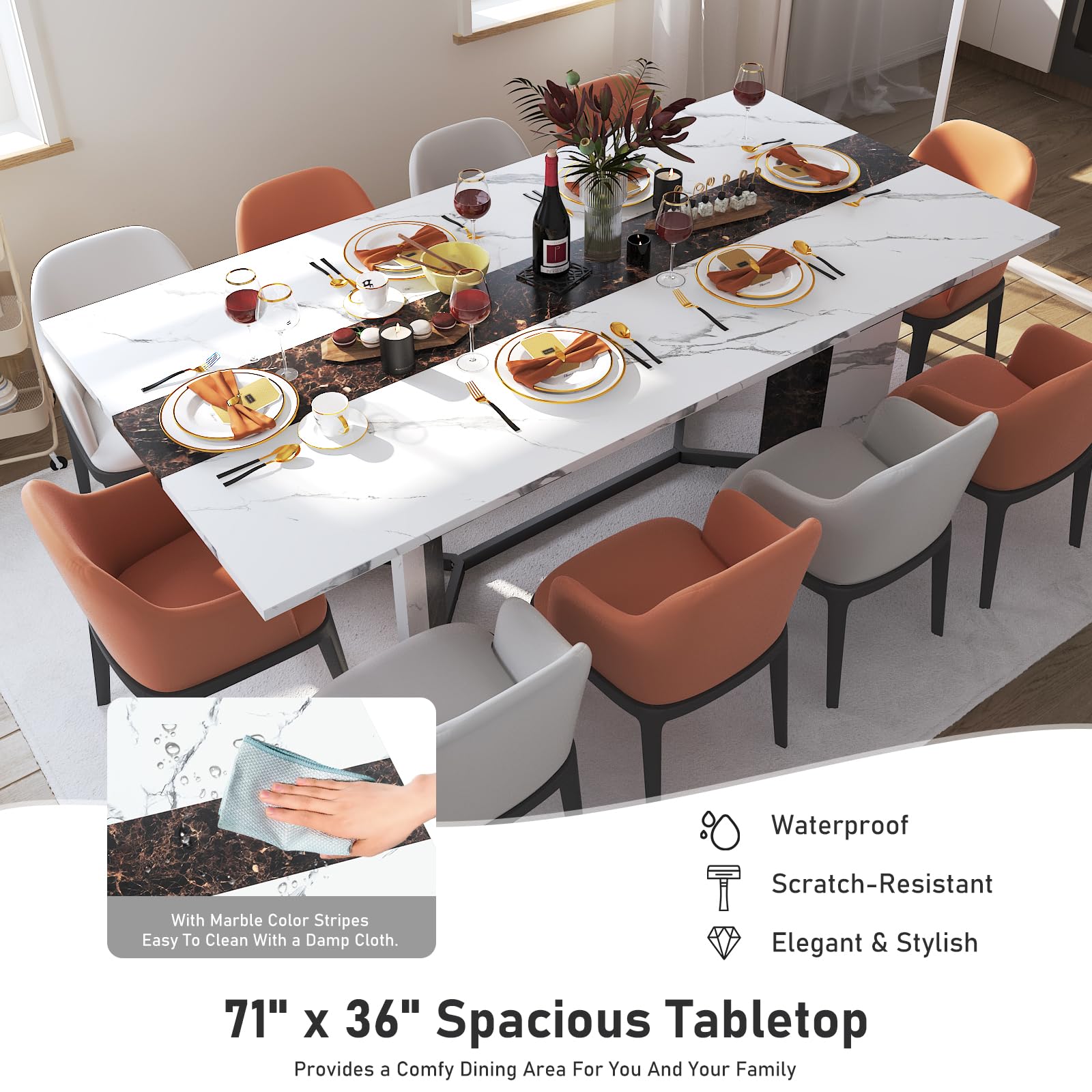 71" Large Dining Table for 6-10 People, Modern Luxurious Marble Family Rectangular Dinner Table