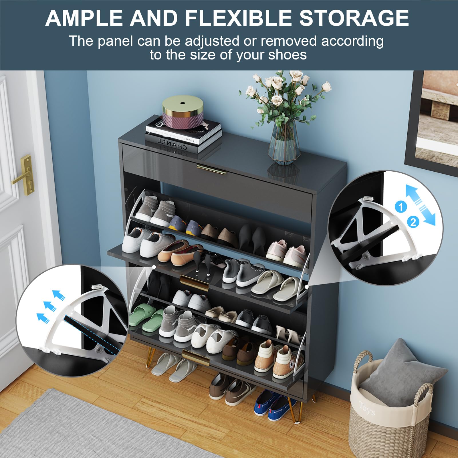 Wood Shoe Cabinet Shoe Rack with Flip Doors, High Gloss Slim 24 Pairs Shoes Storage Rack