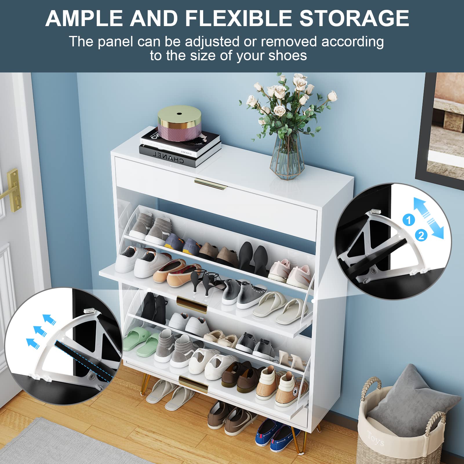 Wood Shoe Cabinet Shoe Rack with Flip Doors, High Gloss Slim 24 Pairs Shoes Storage Rack