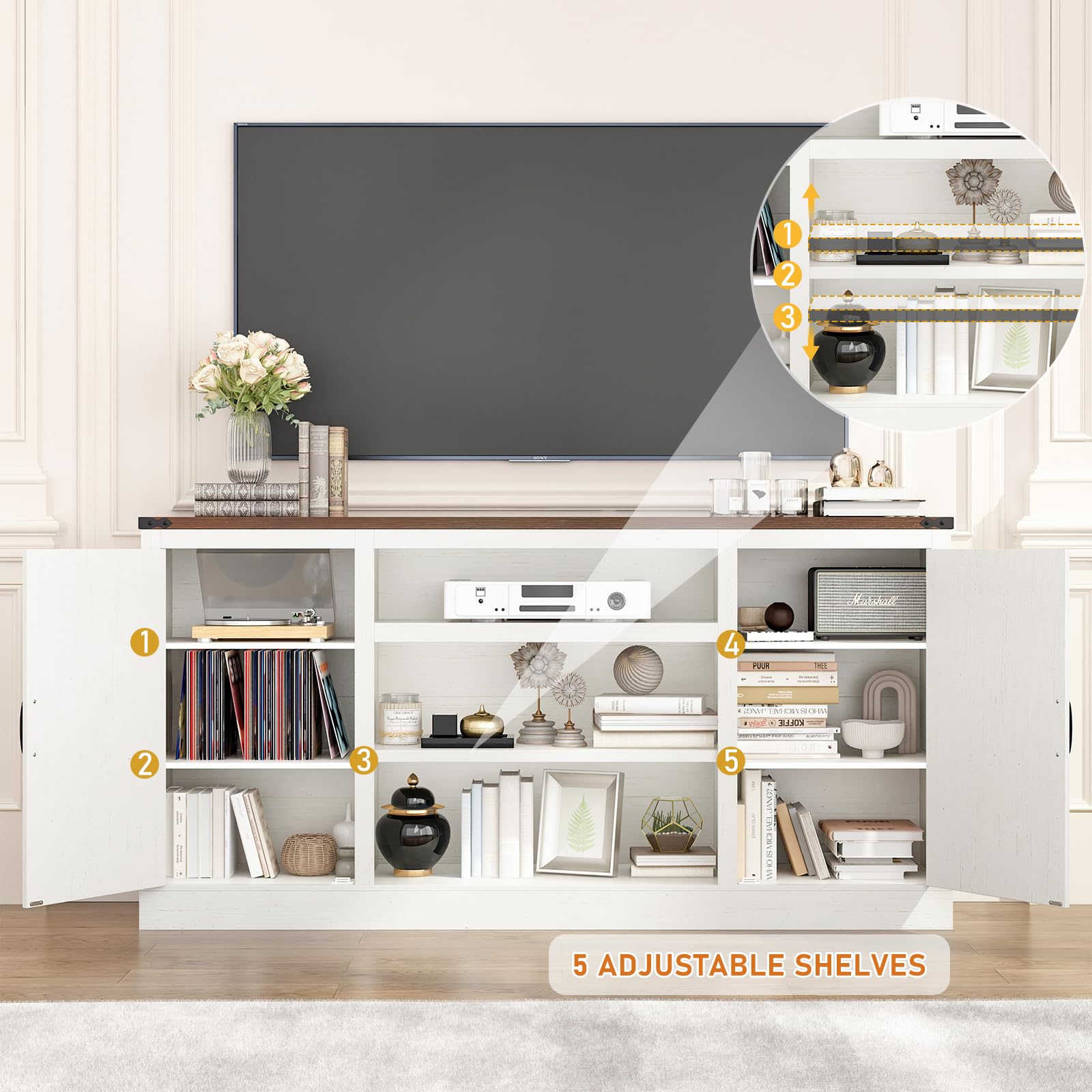 66'' Large Bar Cabinet, Farmhouse Coffee Bar Cabinet with Power Outlet with Adjustable Shelf, Kitchen Buffet Sideboard