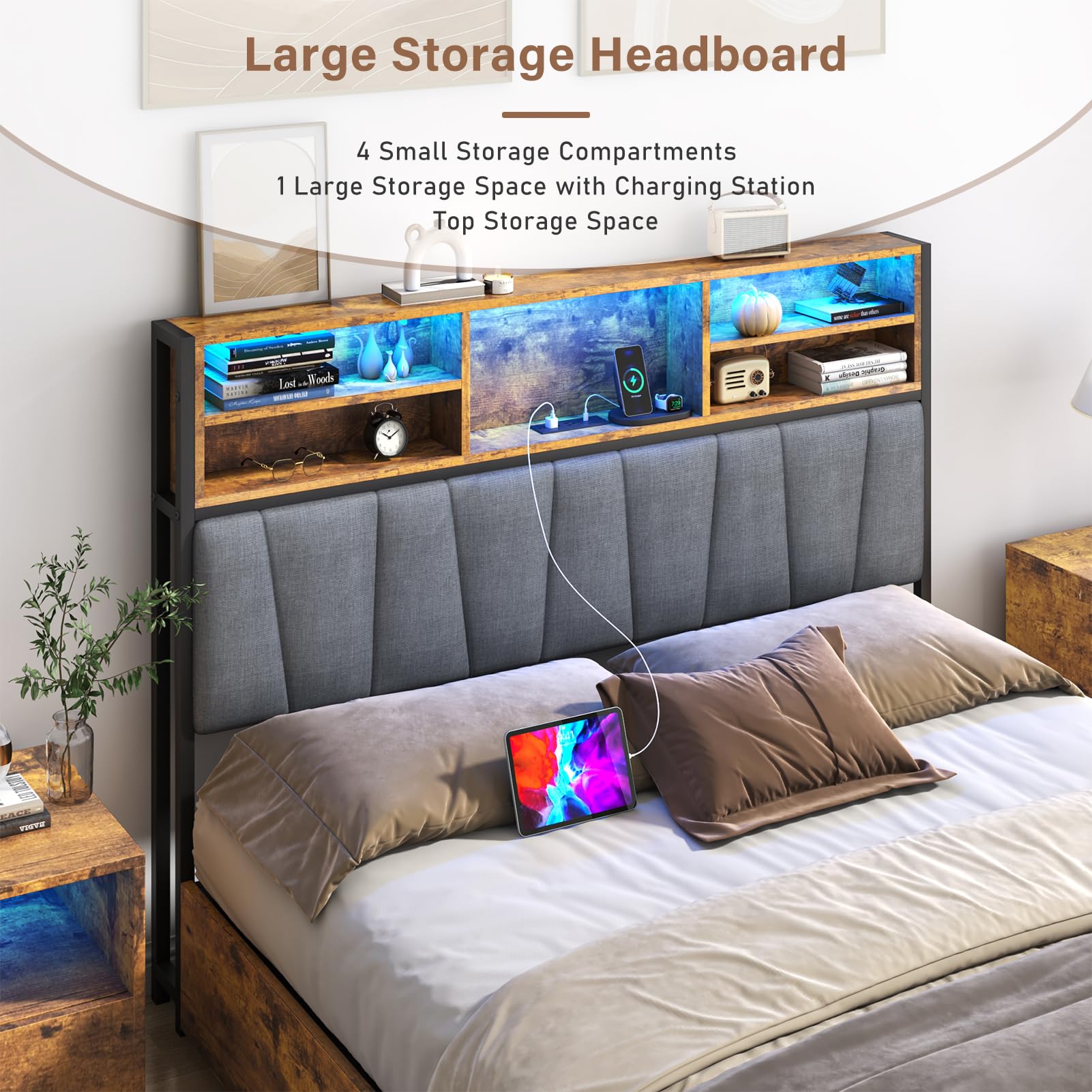 Queen LED Bed Frame with Lift Up Storage & Power Outlets - Metal Platform Bed with Upholstered Headboard, Storage Bed with 3-Tier Storage Headboard