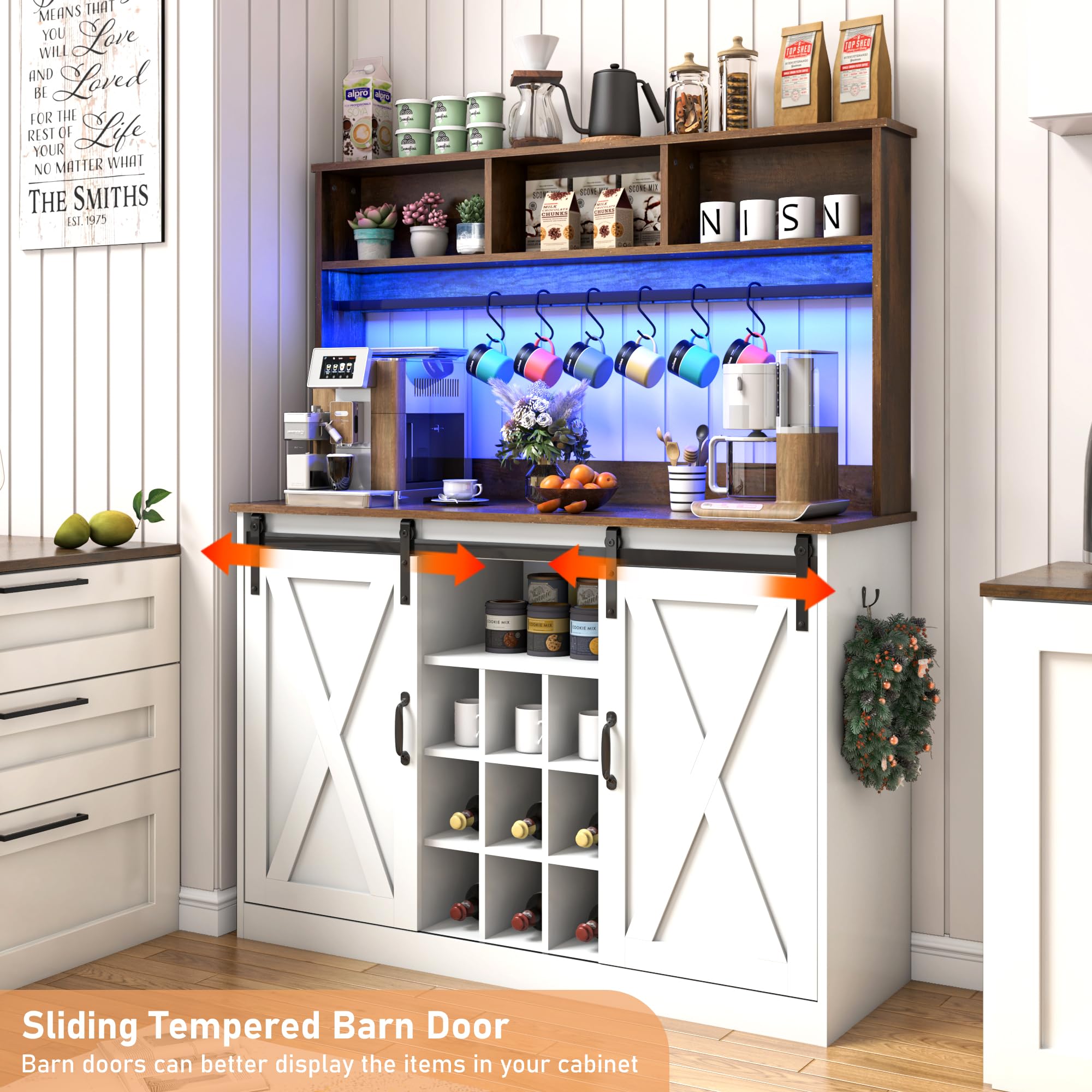 Blotout LED Kitchen Pantry Storage Cabinet with Power Outlet, 58" Tall Bar Cabinet with Lights, Adjustable Shelf, 9 Wine Racks, 6 Hooks , Morden Glass Door Cabinet with Storage, Black