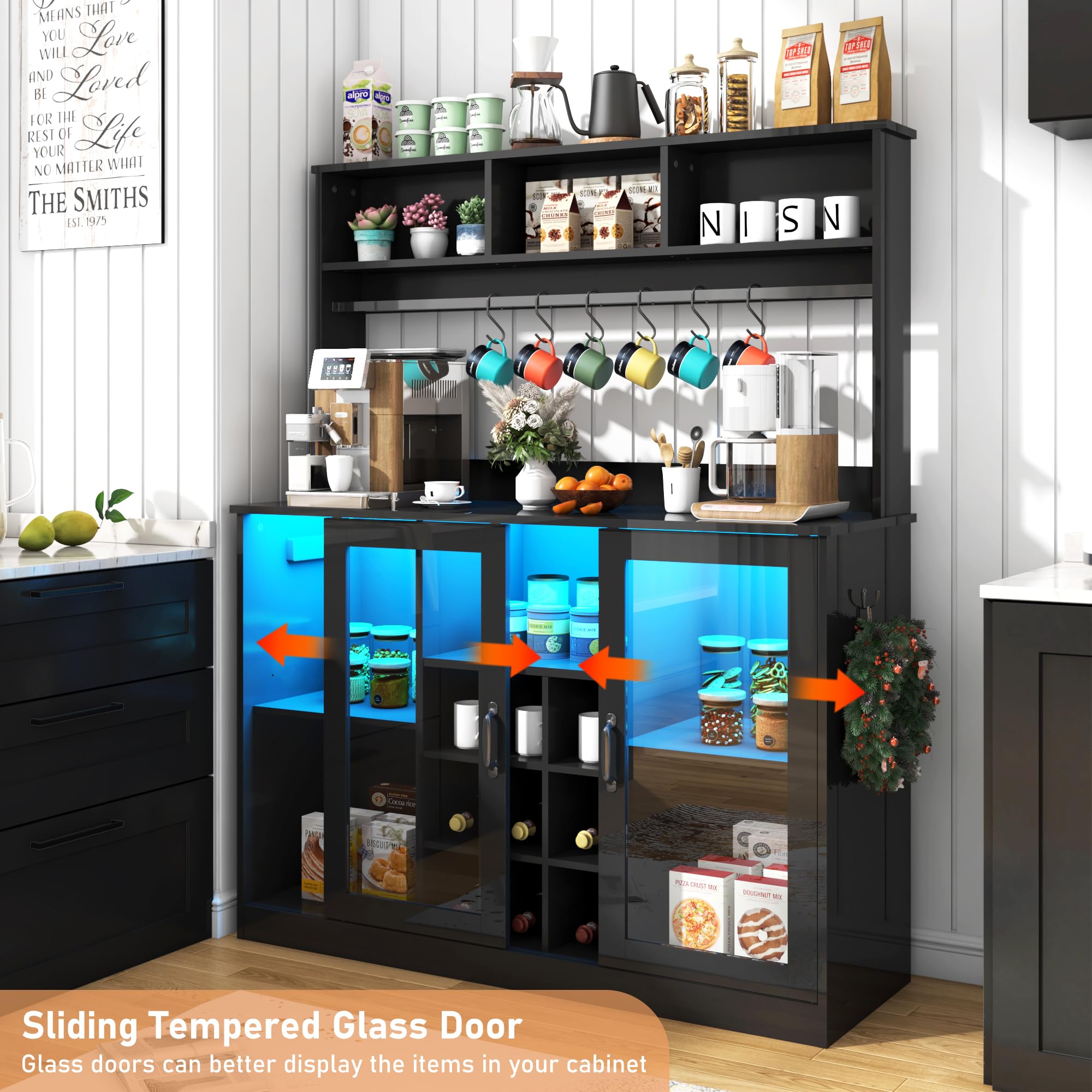 Blotout LED Kitchen Pantry Storage Cabinet with Power Outlet, 58" Tall Bar Cabinet with Lights, Adjustable Shelf, 9 Wine Racks, 6 Hooks , Morden Glass Door Cabinet with Storage, Black