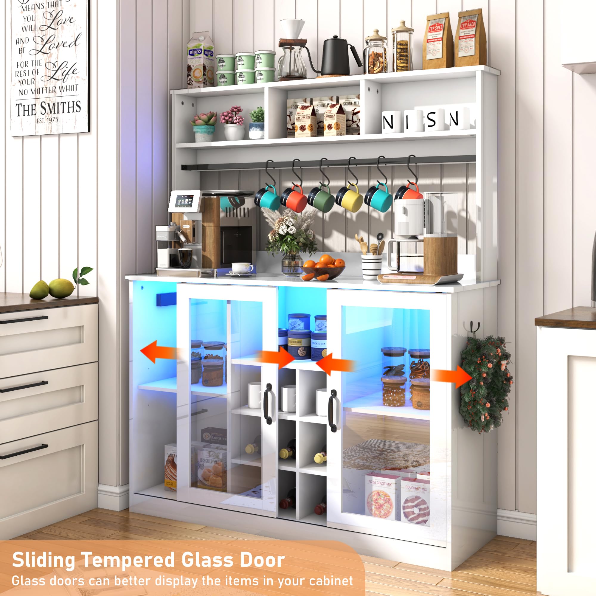 Blotout LED Kitchen Pantry Storage Cabinet with Power Outlet, 58" Tall Bar Cabinet with Lights, Adjustable Shelf, 9 Wine Racks, 6 Hooks , Morden Glass Door Cabinet with Storage, Black