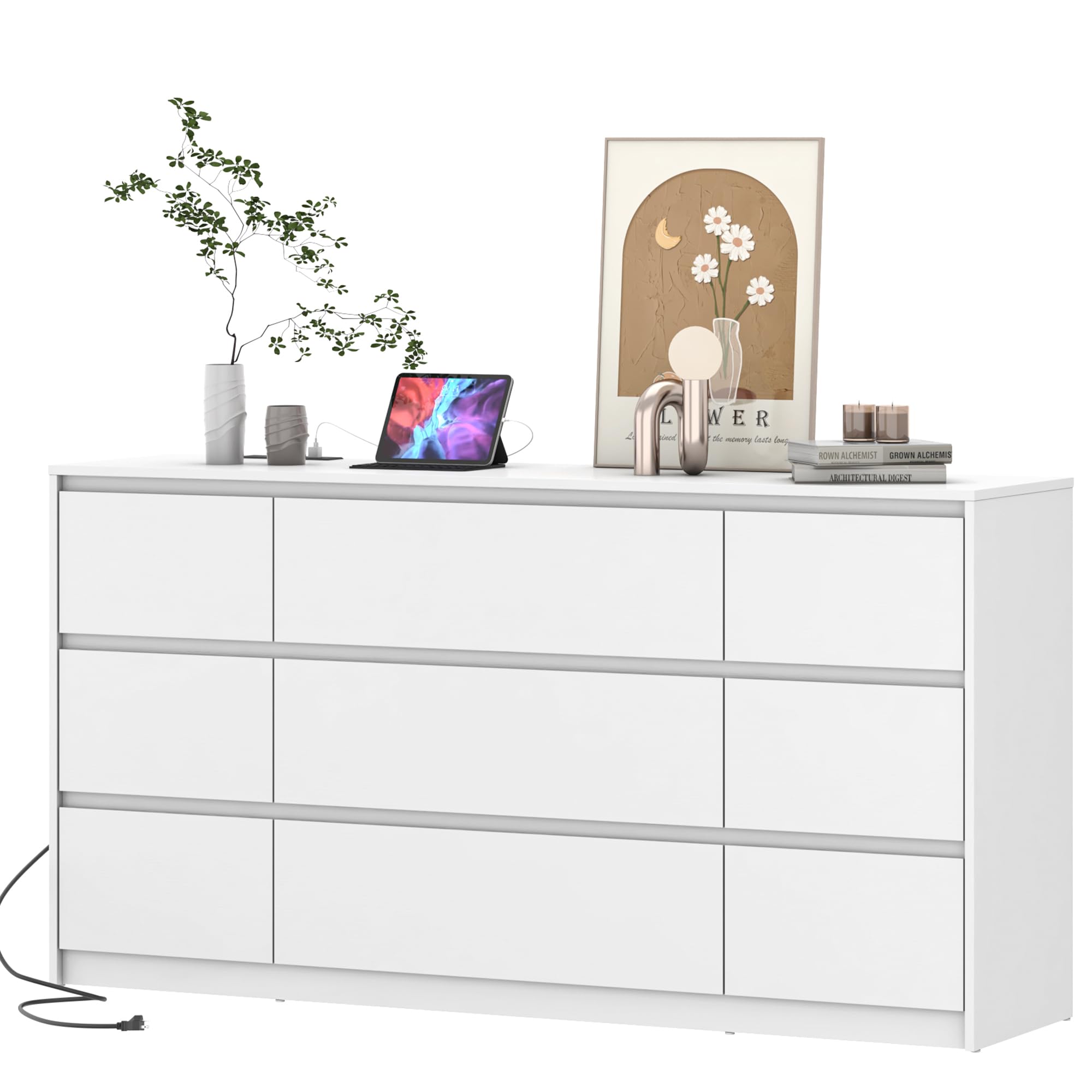 Blotout Modern Black 9 Dresser for Bedroom with Charging Station, 63" Large Wood Chest of 9 Drawers Handle Free, Long Dresser Drawers for Bedroom, Living Room, Entryway, Hallway