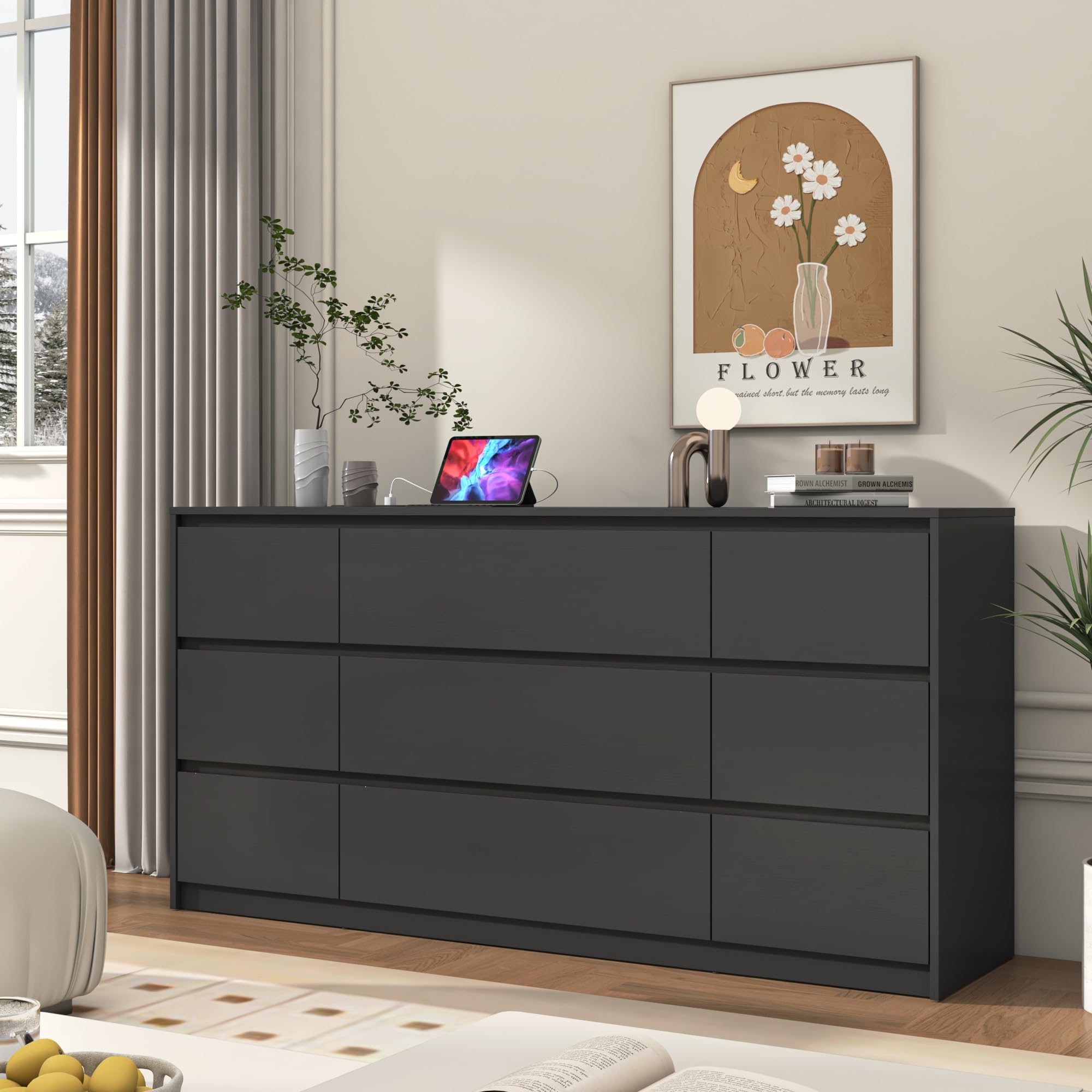 Blotout Modern Black 9 Dresser for Bedroom with Charging Station, 63" Large Wood Chest of 9 Drawers Handle Free, Long Dresser Drawers for Bedroom, Living Room, Entryway, Hallway