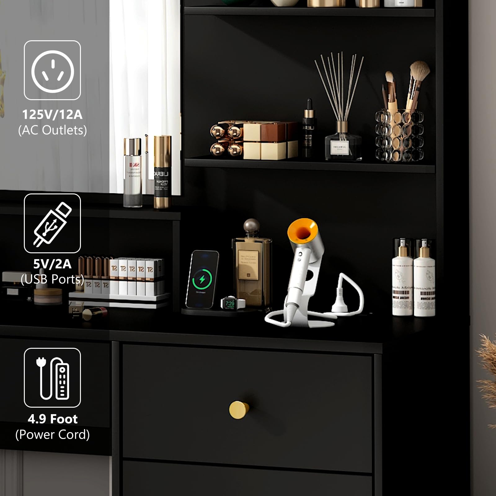 37" Vanity Desk Set with LED Light Mirror For Girls