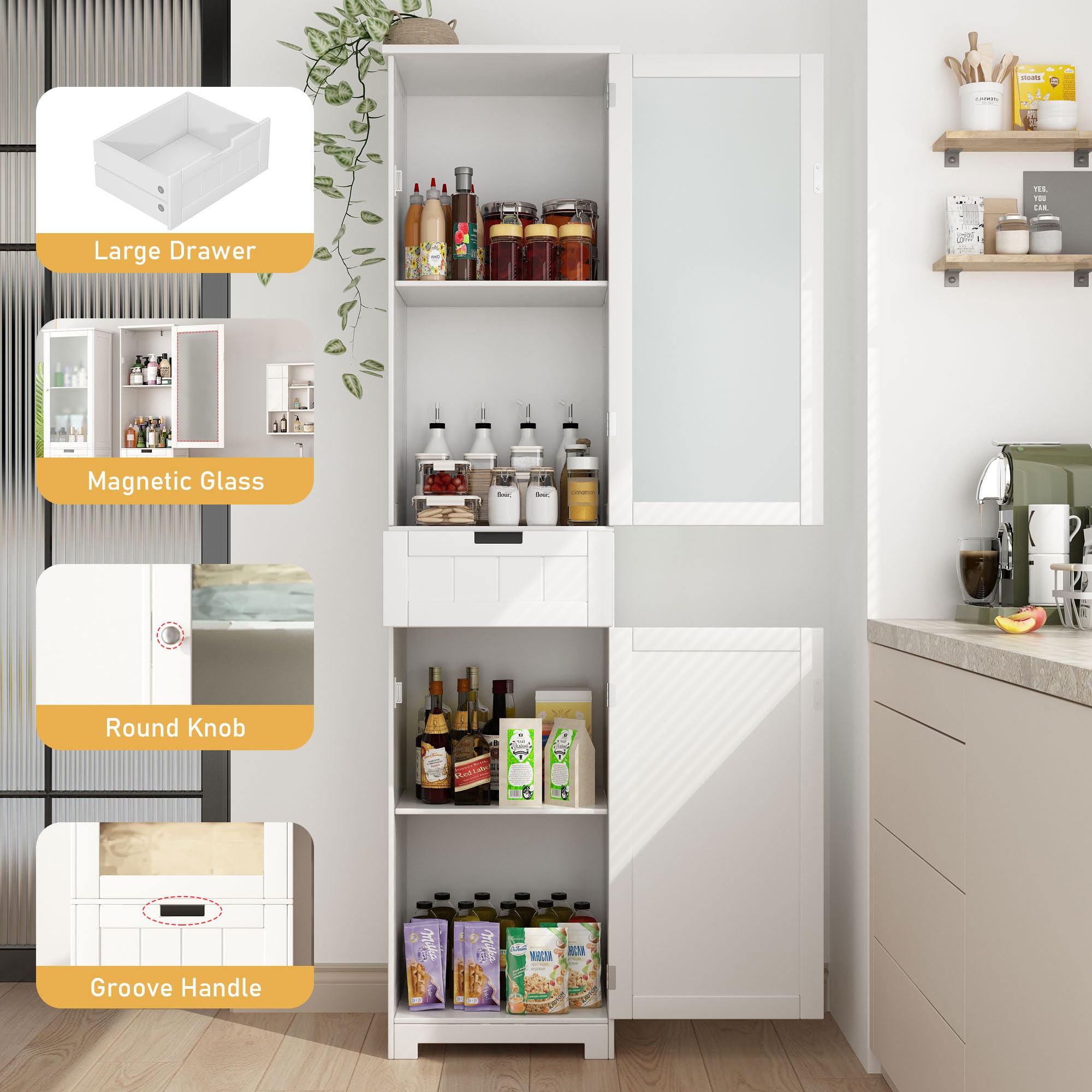 Blotout 64" White Tall Bathroom Cabinet, 6 Shelf Morden Bathroom Storage Cabinet with 4 Doors/Adjustable Shelf,Floor Freestanding Cabinet for Bathroom,Kitchen,Living Room