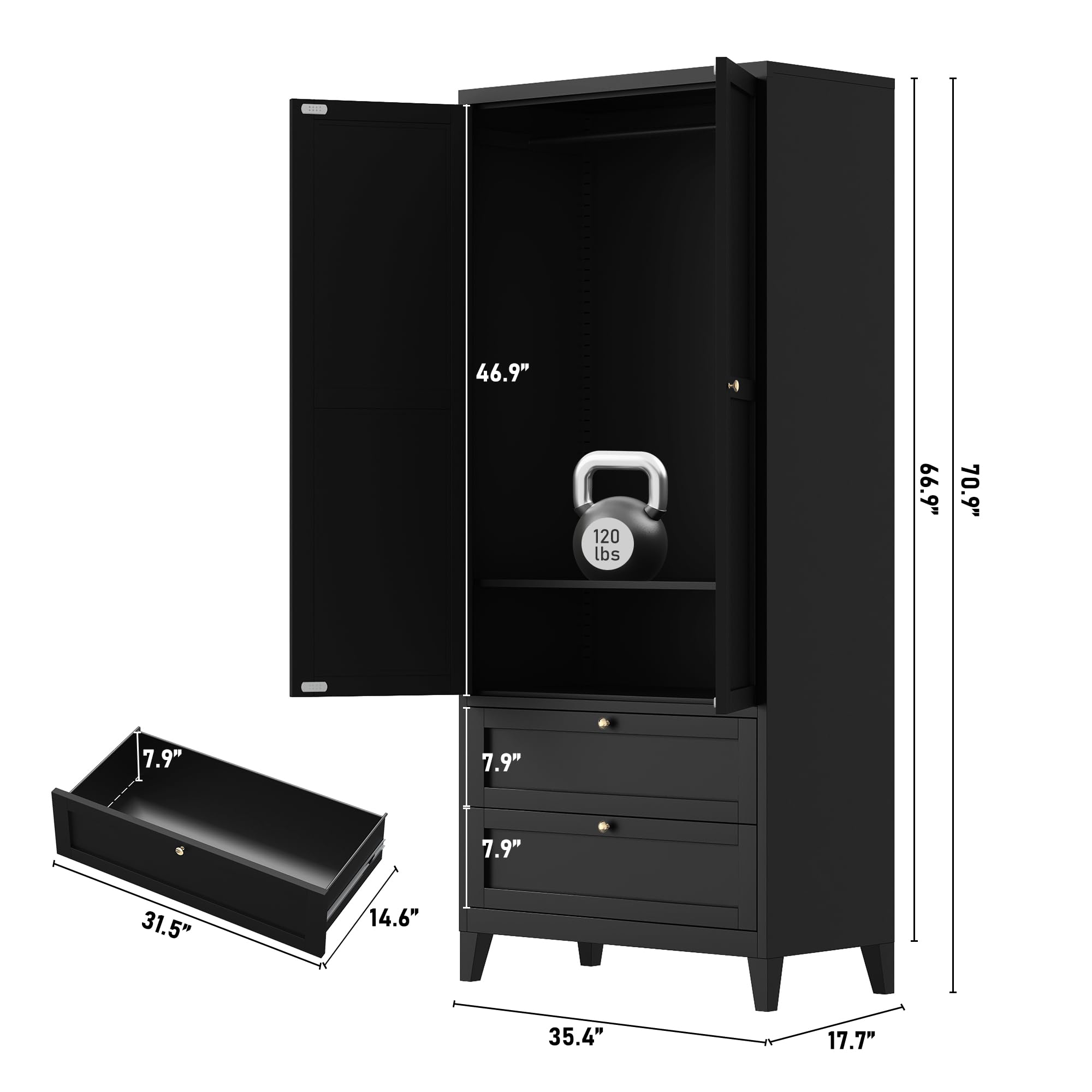 71" 2 Door Armoire Wardrobe Closet with 2 Drawers, Metal Armoire Closet Clothing Storage Cabinet with Hanging Rod & Adjustable Shelf for Bedroom Dorm