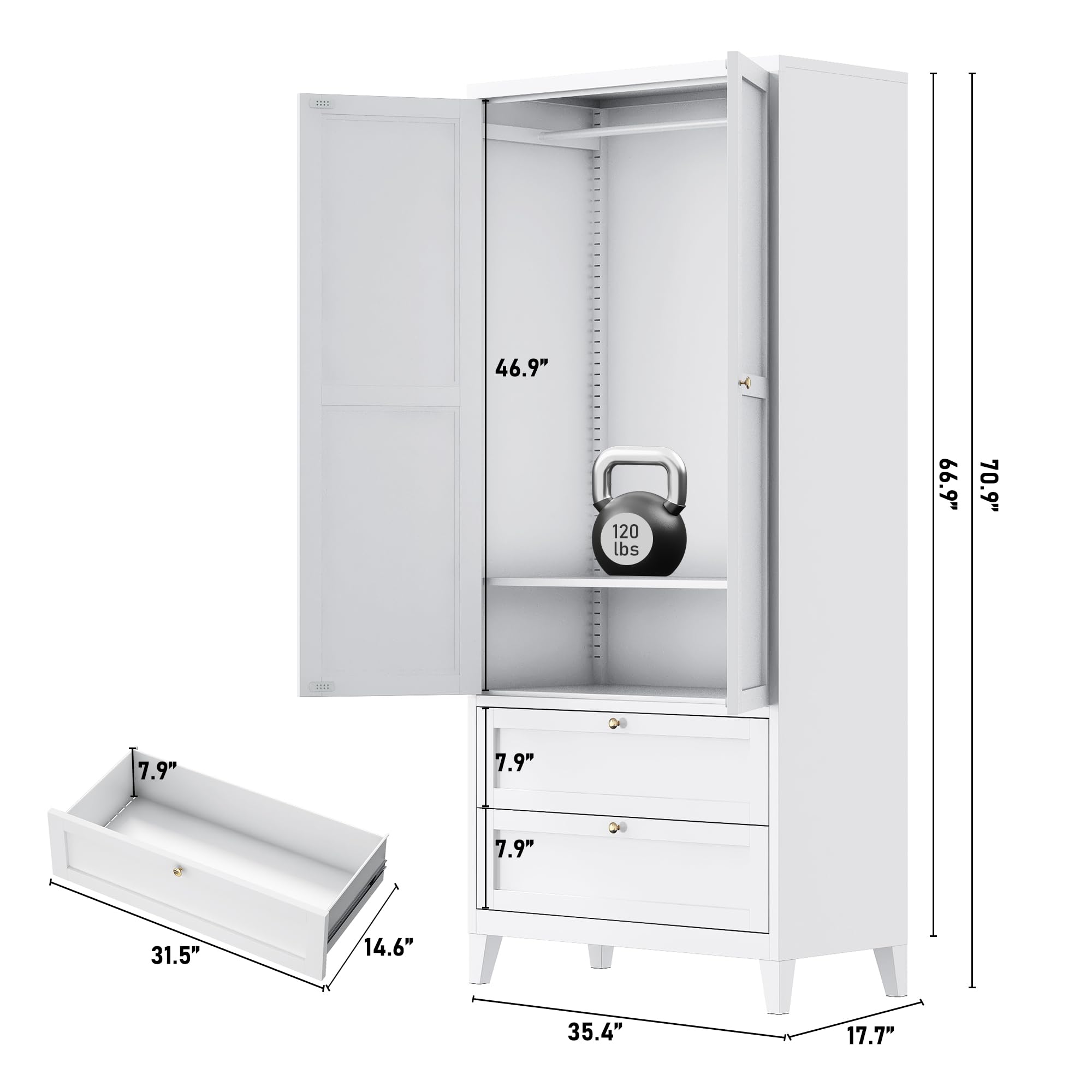 71" 2 Door Armoire Wardrobe Closet with 2 Drawers, Metal Armoire Closet Clothing Storage Cabinet with Hanging Rod & Adjustable Shelf for Bedroom Dorm