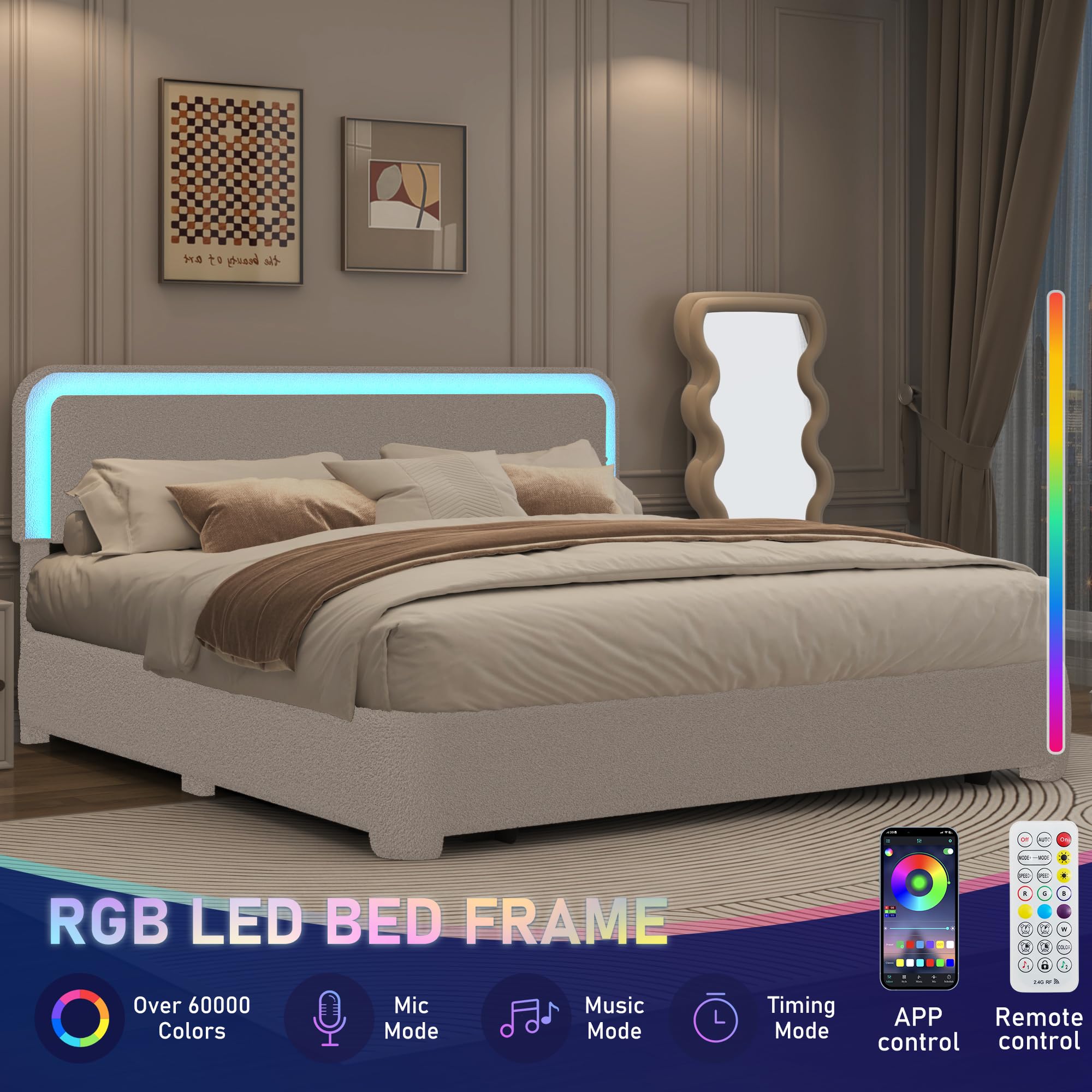 Boucle Bed Frame with LED Light & Adjustable Headboard, Upholstered Platform Bed with Soft Curved Corners