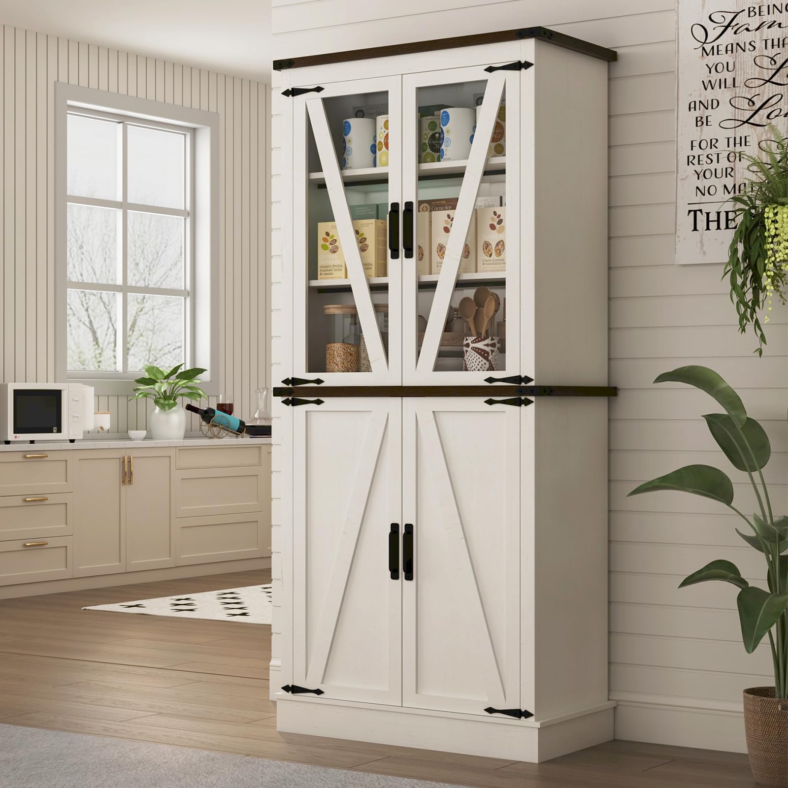 71" Farmhouse Kitchen Pantry Cabinet, Tall Storage Cabinet Wood Food Pantry with Barn Doors and Adjustable Shelves Versatile Storage Freestanding Cupboard for Kitchen