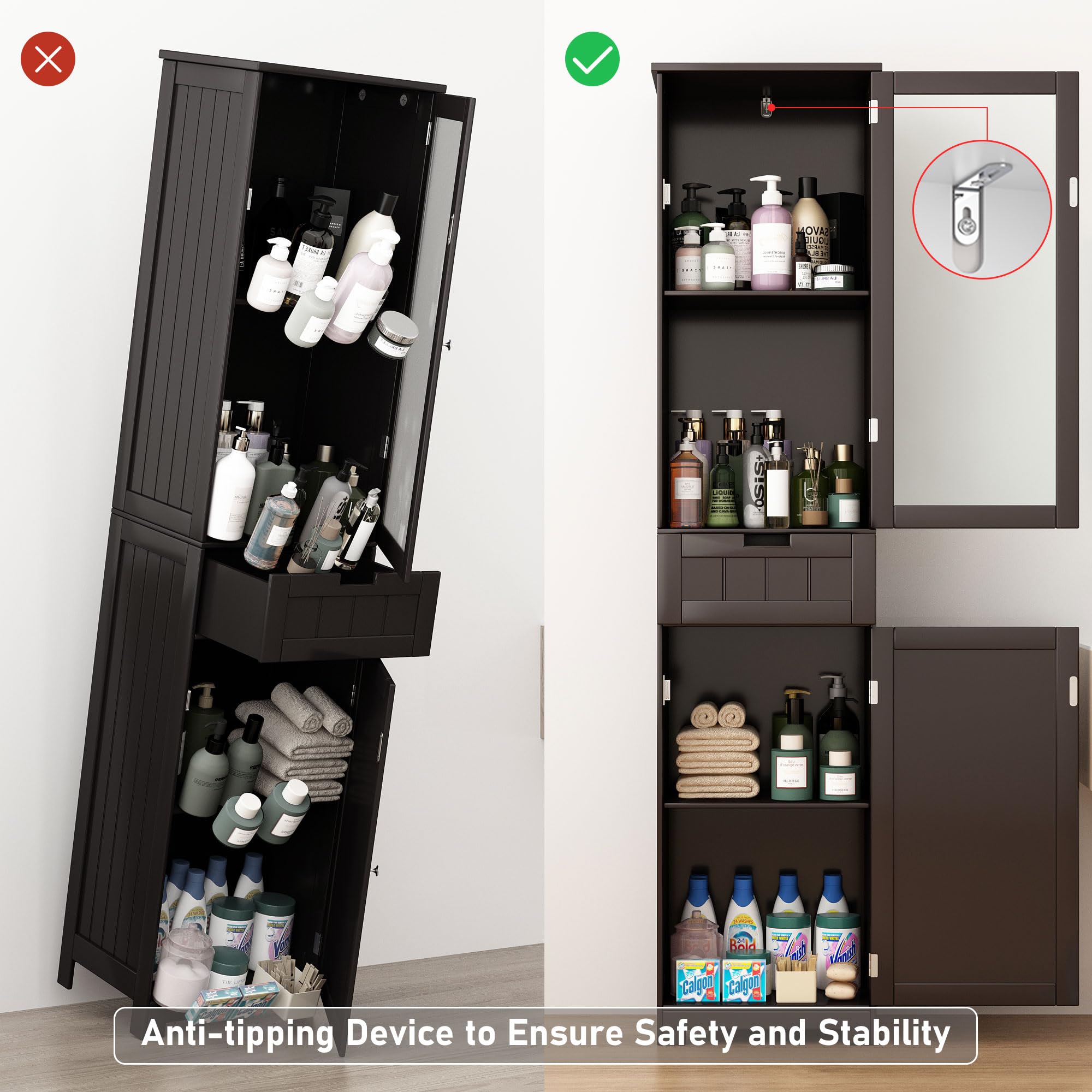 Blotout 64" White Tall Bathroom Cabinet, 6 Shelf Morden Bathroom Storage Cabinet with 4 Doors/Adjustable Shelf,Floor Freestanding Cabinet for Bathroom,Kitchen,Living Room