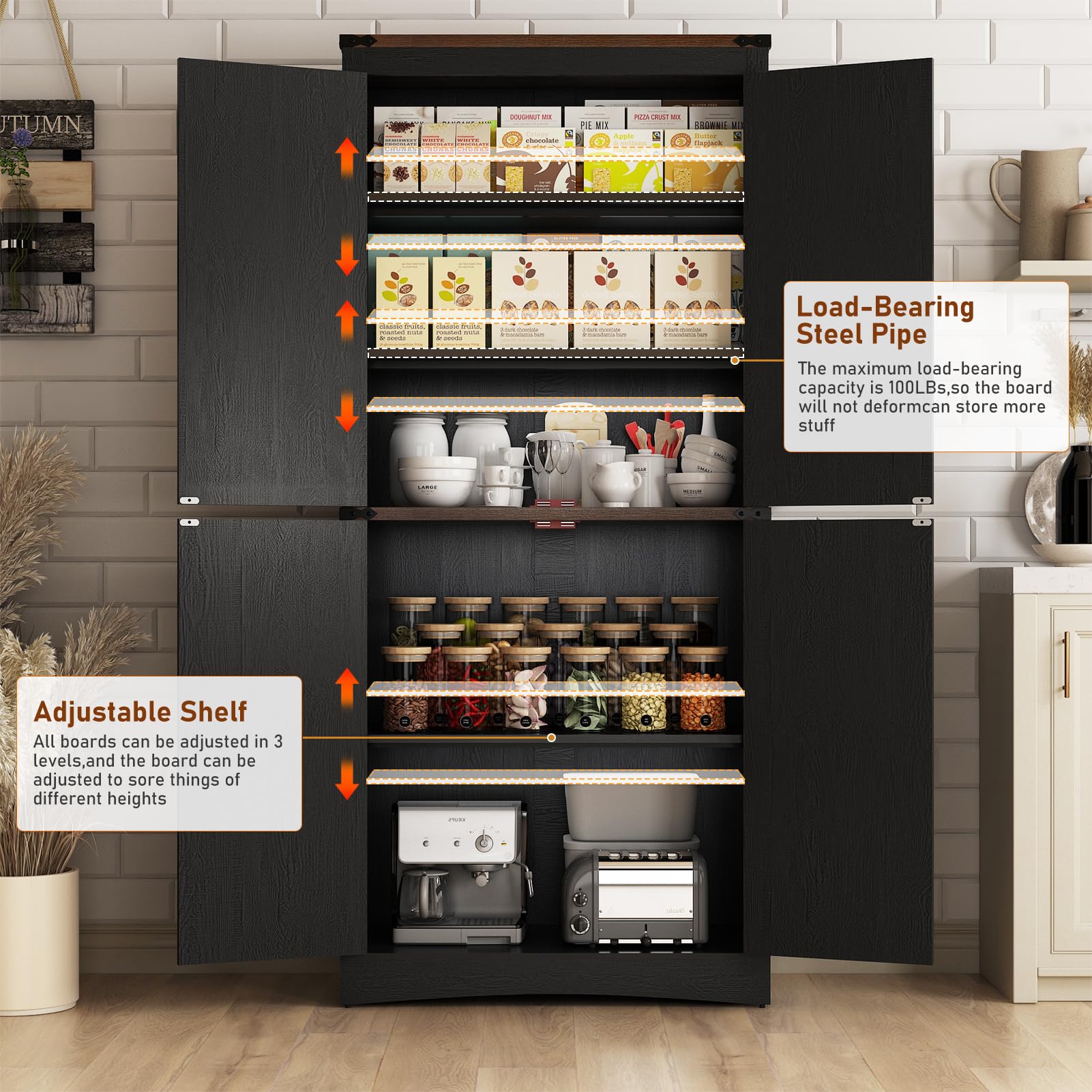 71" Tall Farmhouse Kitchen Pantry Cabinet, 5 Layers Storage Cabinet with Adjustable Shelves, Farmhouse Pantry Cabinet with 4 Barn Doors for Kitchen, Dining Room, Bathroom, Living Room, Rustic White