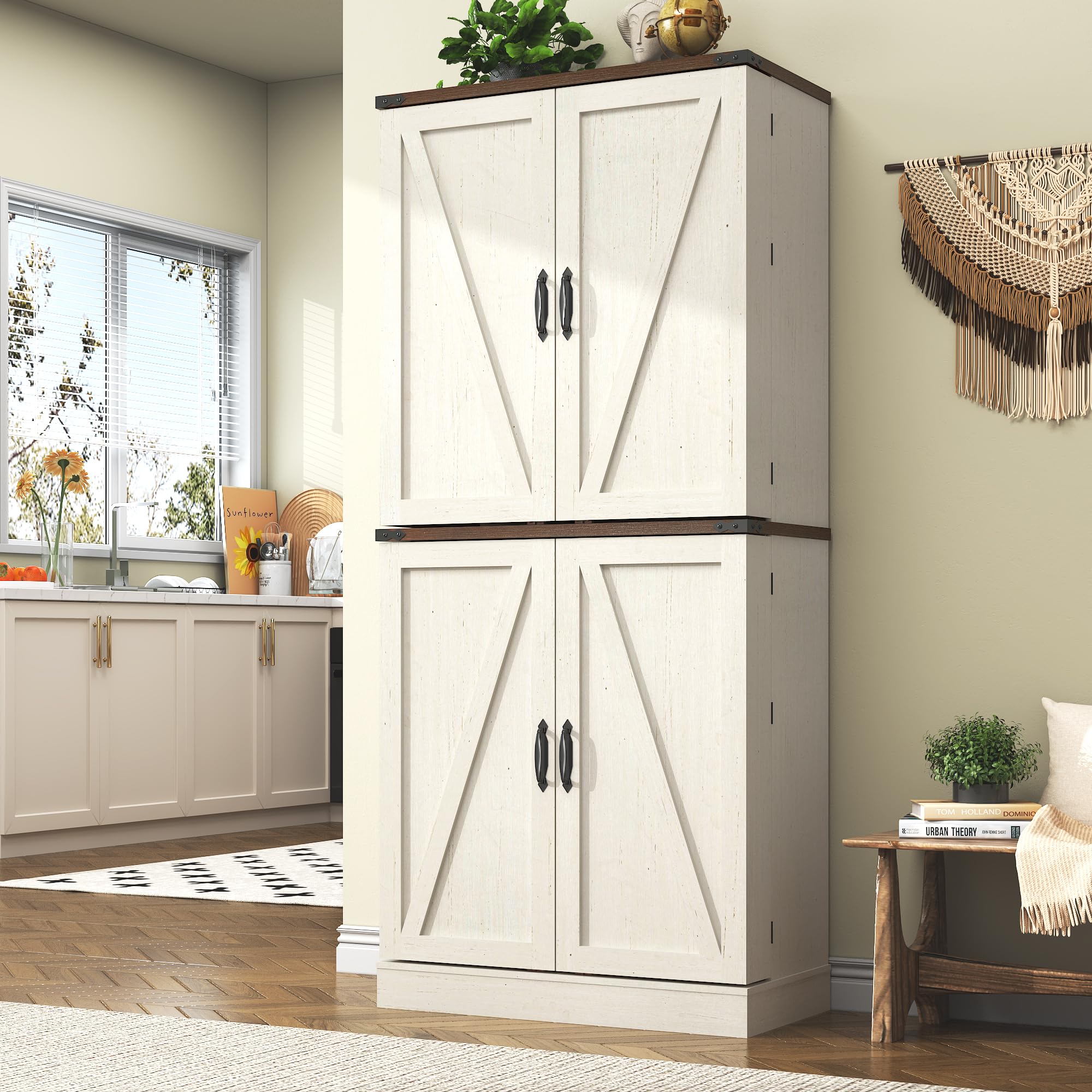 71" Tall Farmhouse Kitchen Pantry with 12 Side Shelves, 5 Layers Pantry Storage Cabinet w/Load-Bearing Steel Pipe & 4 Barn Doors/Adjustable Shelves for Kitchen, Dining Room, Living Room, Brown