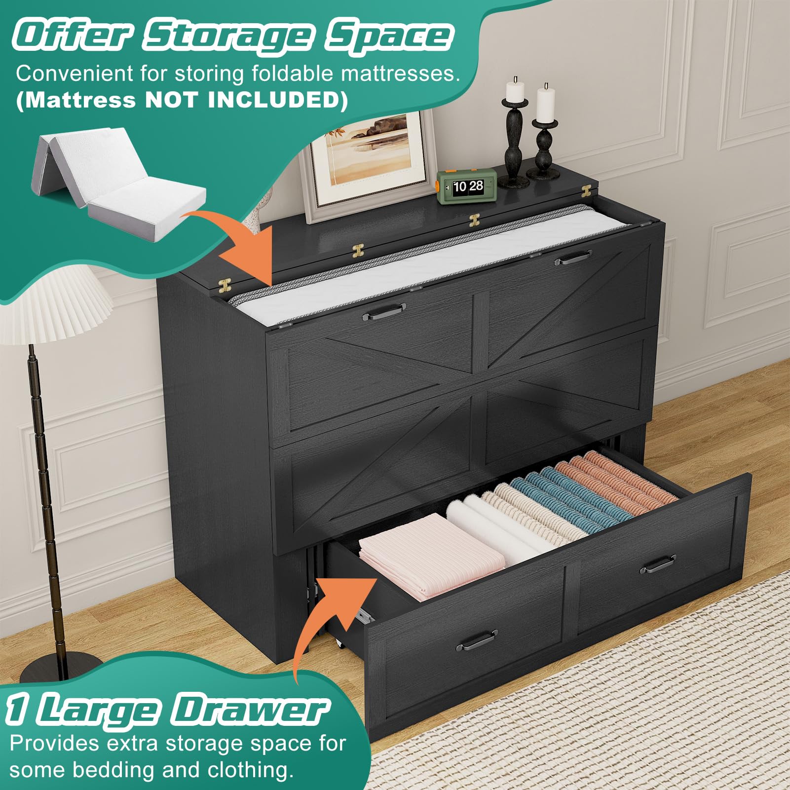 ANPOO Full Size Murphy Chest Bed with 2 Drawers & Power Outlets, Farmhouse Wood 2 in 1 Convertible Chest Bed Cabinet with Storage, Multifunctional Storage Cabinet Bed for Bedroom,Office,White