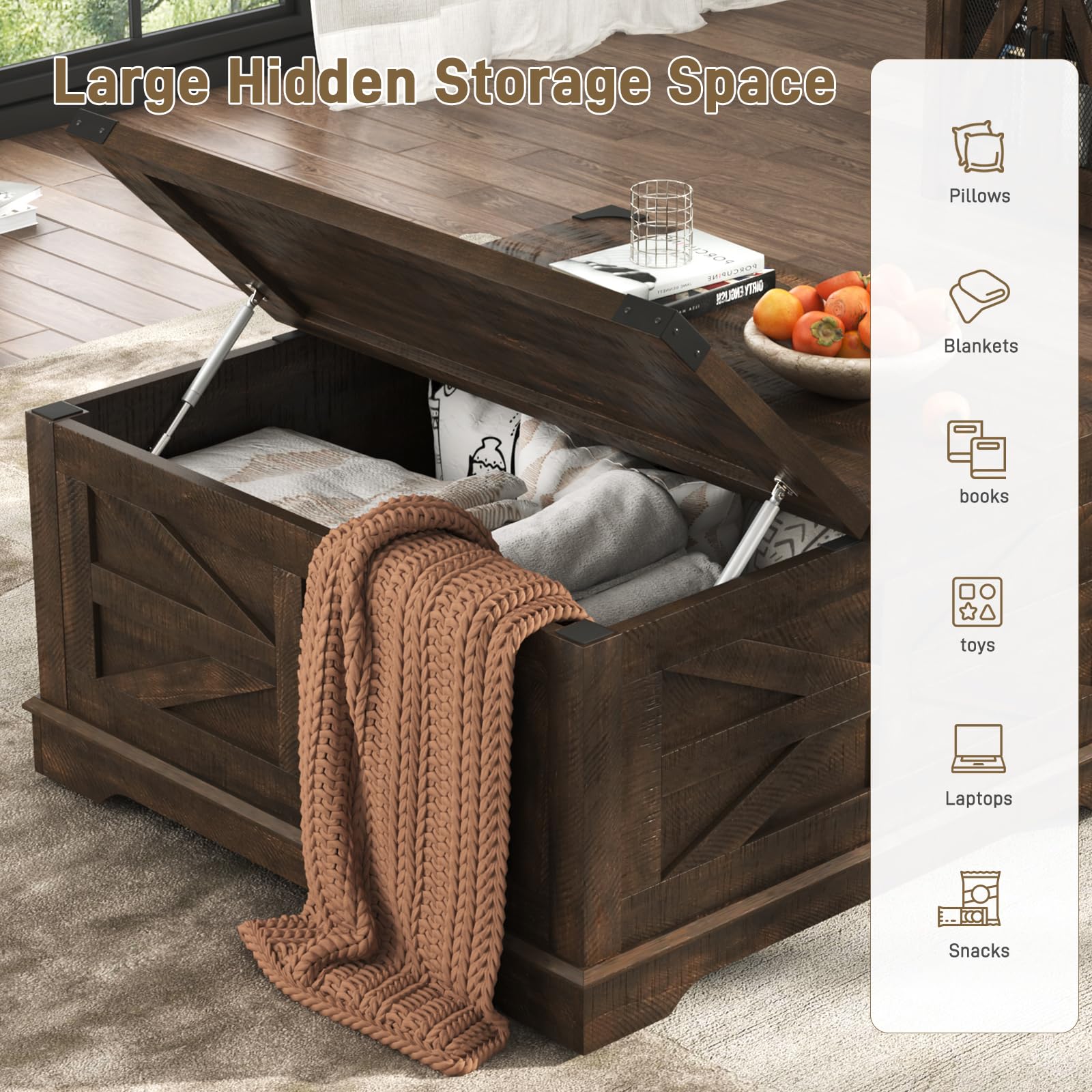 ANPOO 40" Large Farmhouse Lift Top Coffee Table with Storage & Power Outlets, Square Coffee Table w/Large Hidden Storage, Lift Wooden Barn Door Center Table for Home, Office,Rustic White