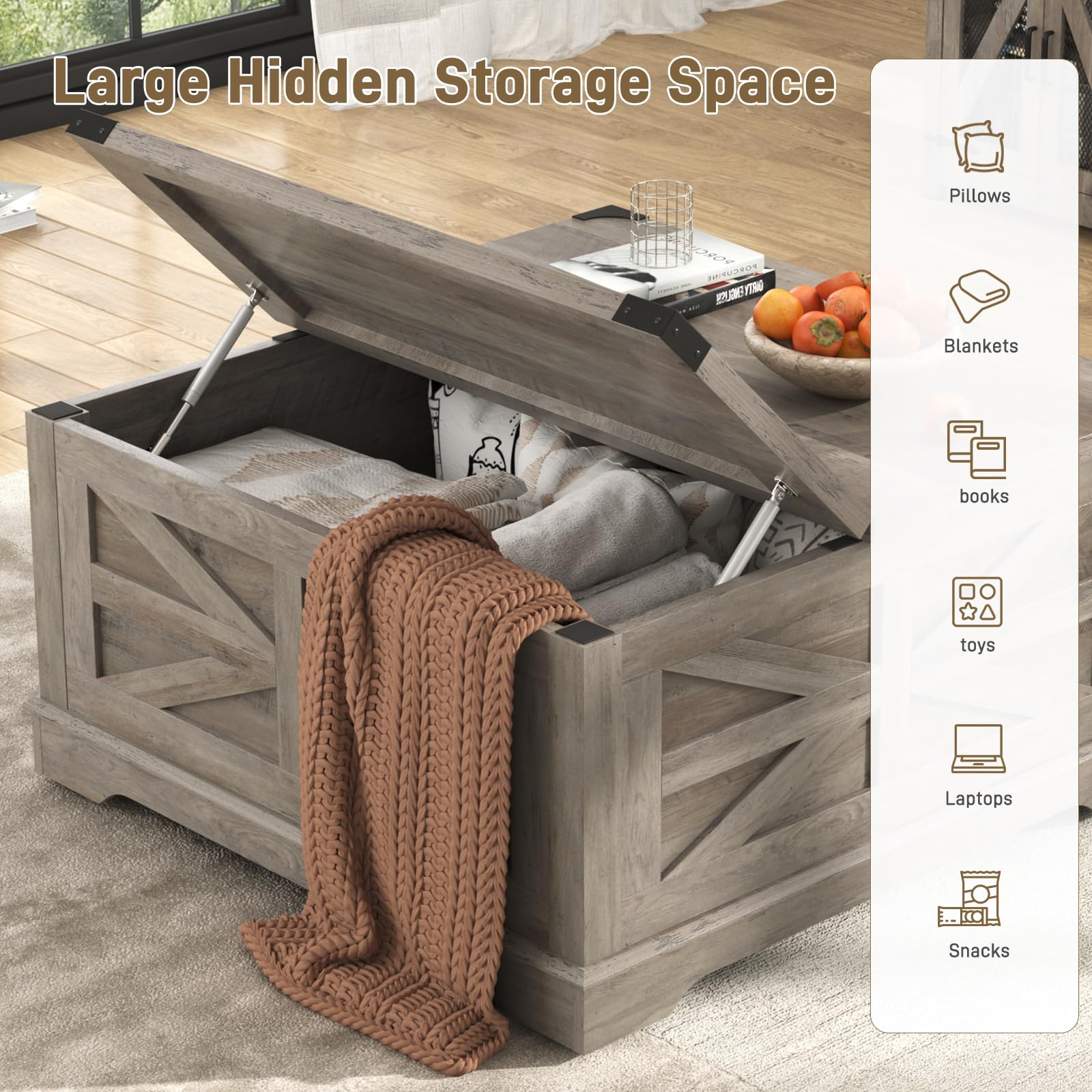 ANPOO 40" Large Farmhouse Lift Top Coffee Table with Storage & Power Outlets, Square Coffee Table w/Large Hidden Storage, Lift Wooden Barn Door Center Table for Home, Office,Rustic White