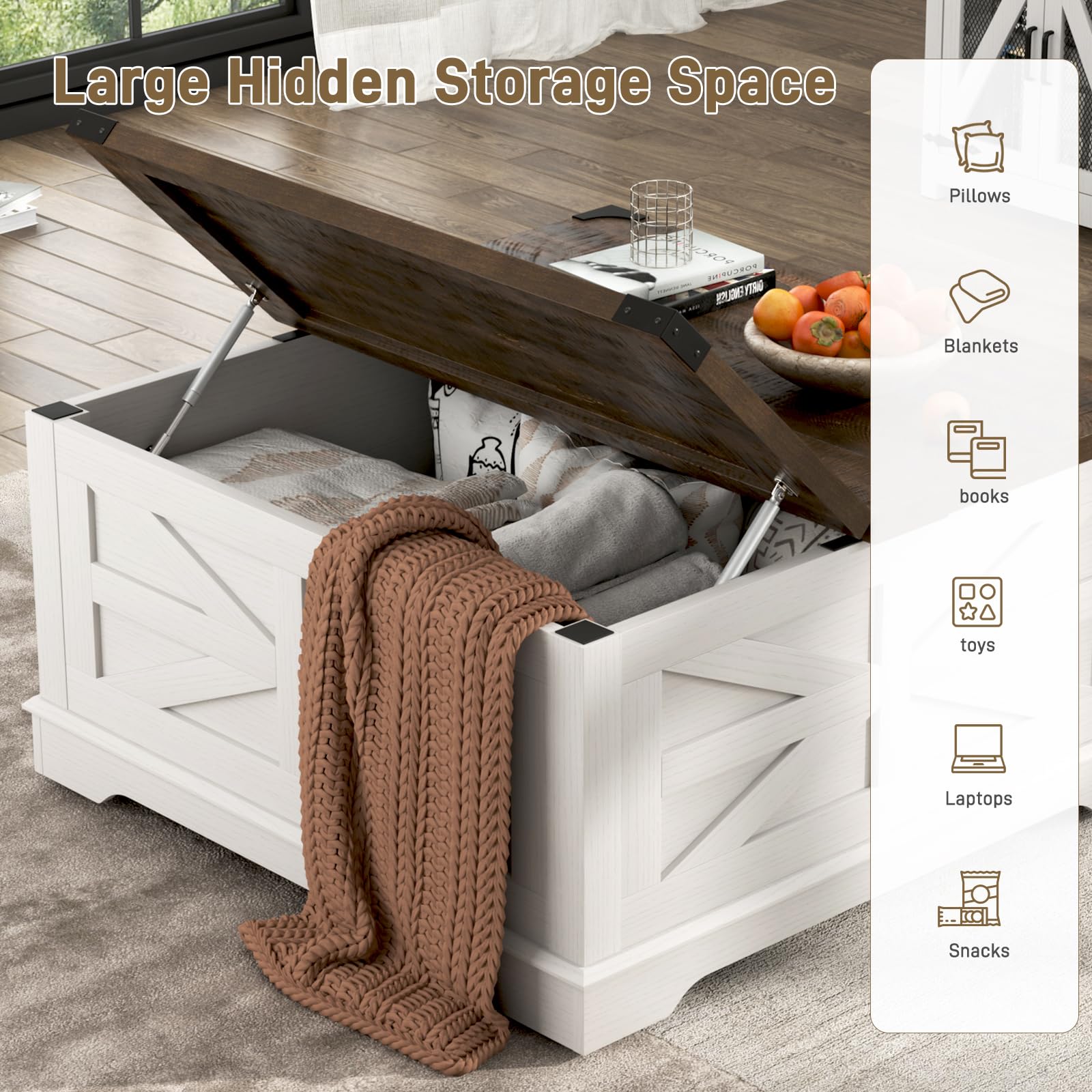 ANPOO 40" Large Farmhouse Lift Top Coffee Table with Storage & Power Outlets, Square Coffee Table w/Large Hidden Storage, Lift Wooden Barn Door Center Table for Home, Office,Rustic White
