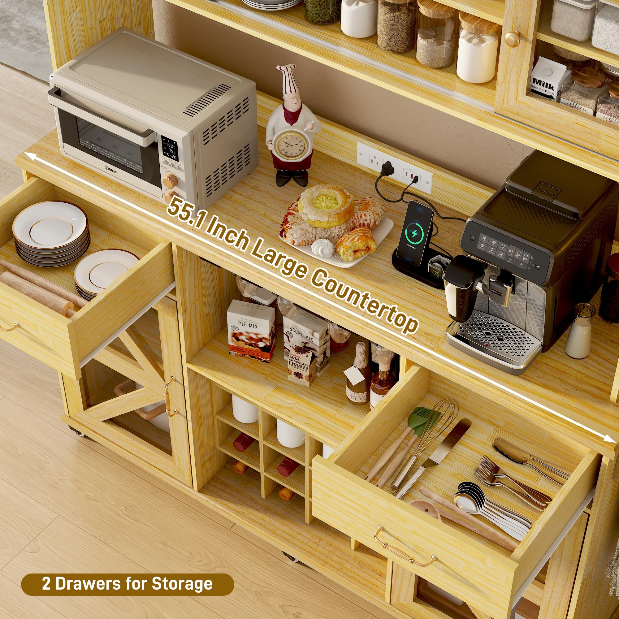 [Copy]74" Farmhouse Kitchen Pantry Storage Cabinet with LED Light & Charging Station