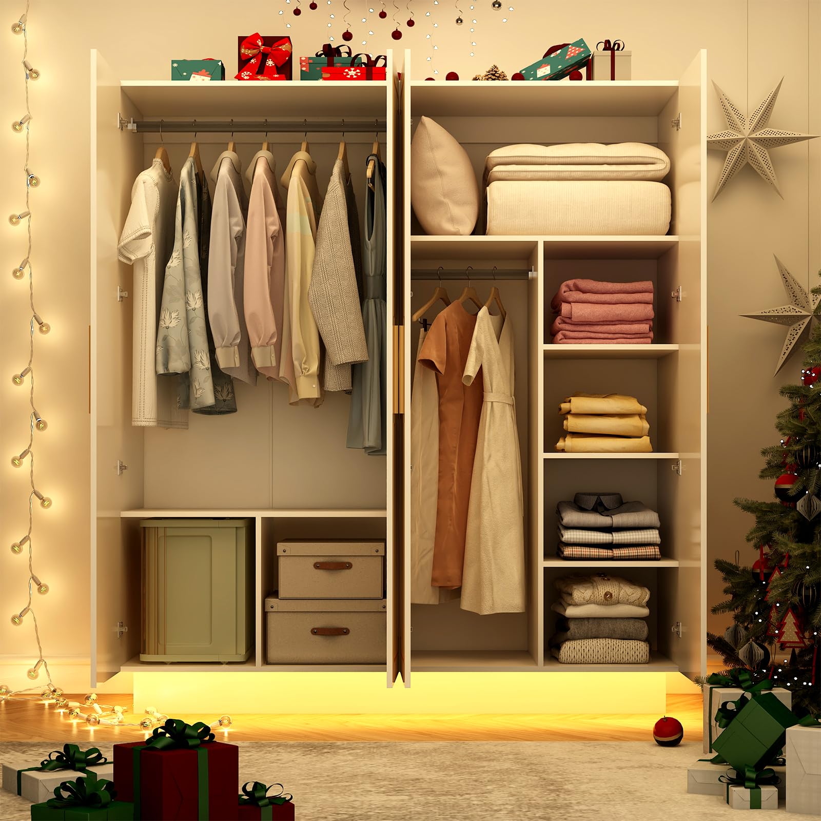 4 Door Wardrobe Armoire with LED Light, 70" Large Wooden Closet Storage with Hanging Rods & Multi-Layer Shelves for Large Bedroom